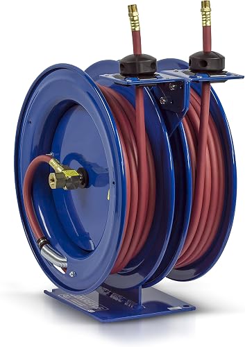 C-LP-350-350 Dual Purpose Two Hose/Cord Reel - ⅜” Hose ID - 50' Length PVC Hose and 50' SJO Cord Included - Compact For Air Compressor, Garden and Pressure Washer Hoses Made in USA