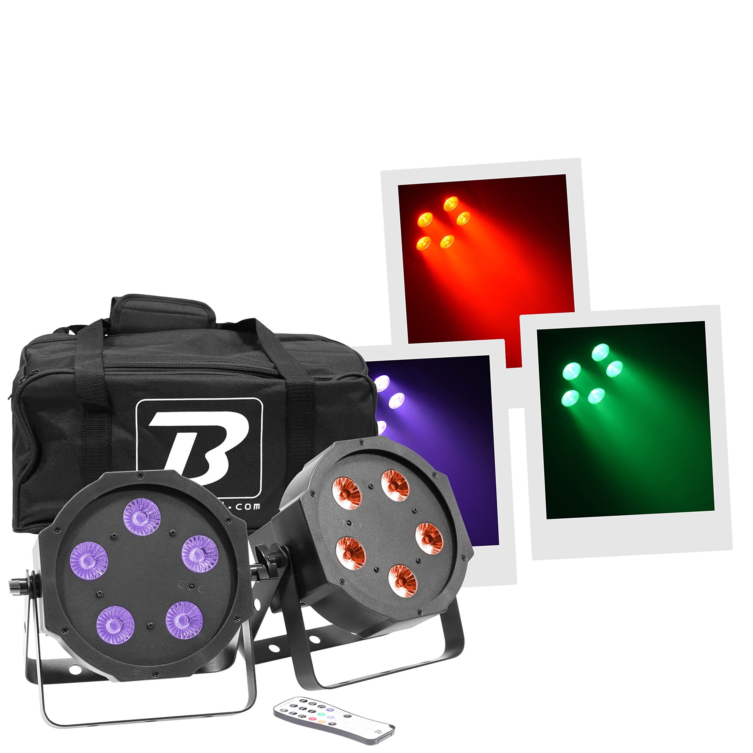 BoomToneDJ FlatPAR 5X5W 4in1 Set RGB-UV Lot de 2 éclairages de scène LED multicolores avec DMX 512. Modes automatique, détection musicale. Télécommande IR incluse. Link alimentation. Sac de transport.