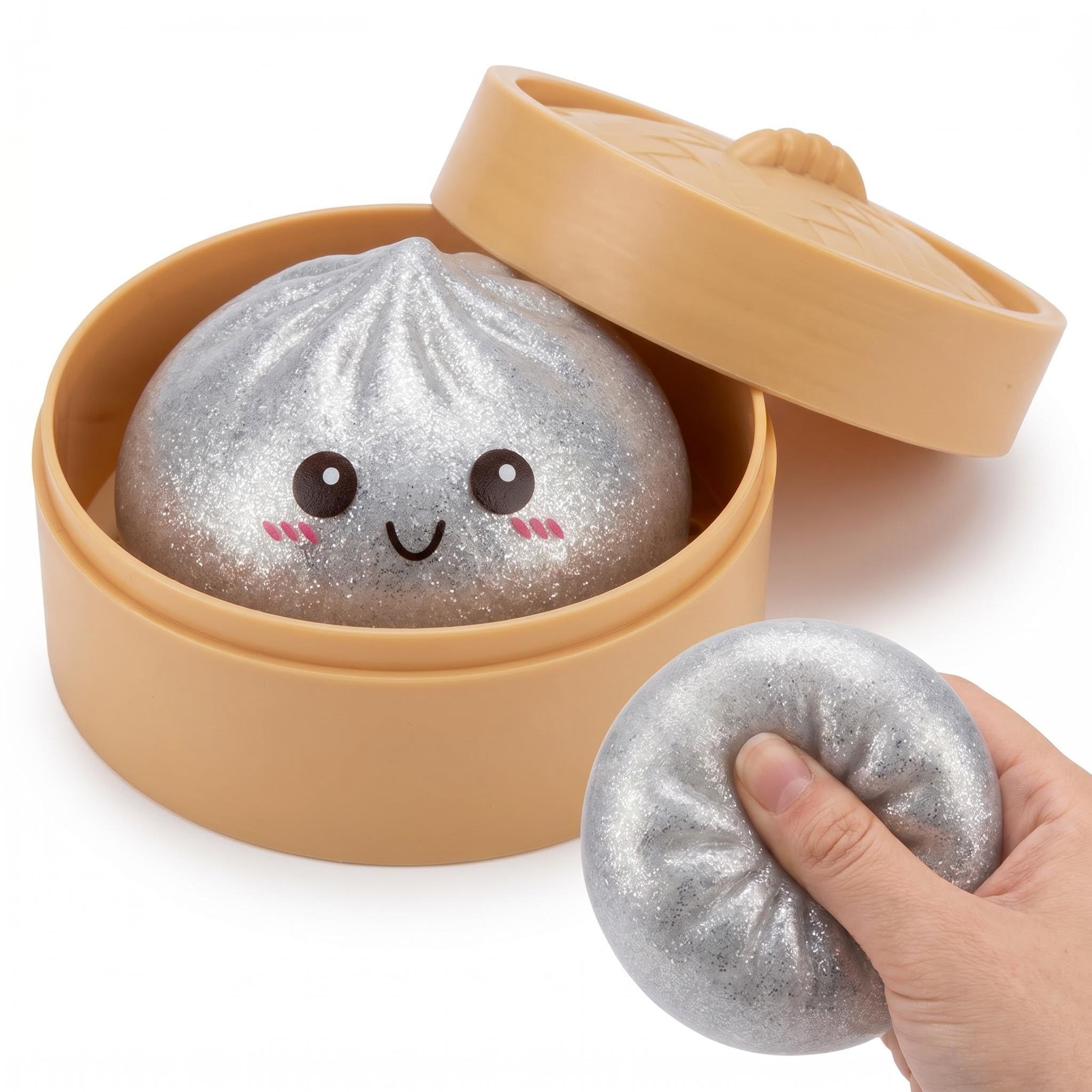 Glitter Dumpling Squishy Cute Simulated Steamed Buns Bao With Steamer Box Soft Fun Decompression Dough for Anxiety Relief Dumpling Stress Balls For Adults Birthday Gift Desk Decoration (Sliver)