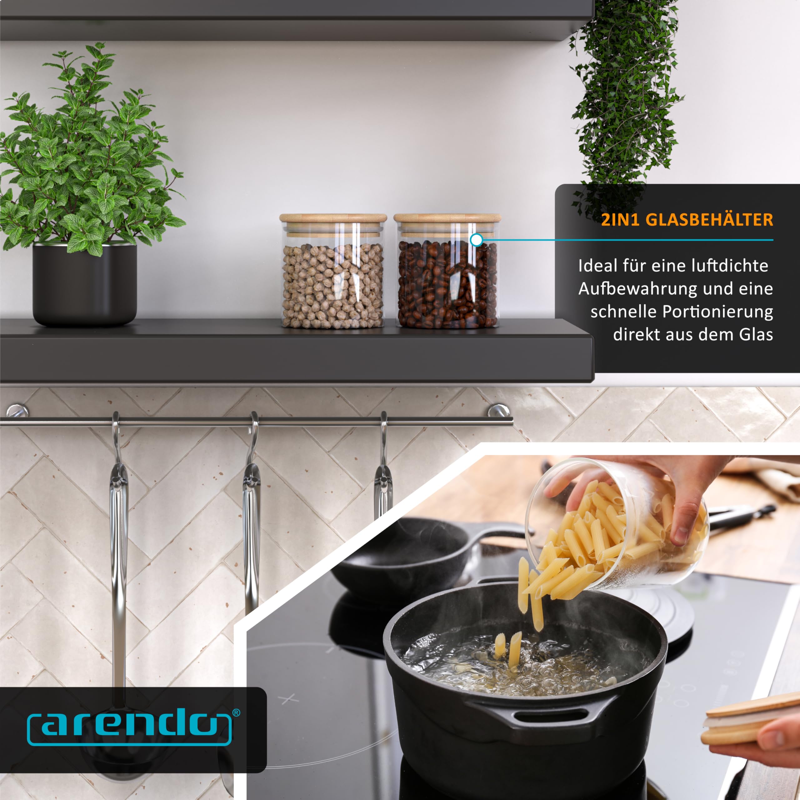 Arendo - Vorratsgläser mit Deckel - 10er Set - Behälter aus Glas – hitzebeständig – Vorratsdosen mit Bambusdeckel - luftdicht - für Müsli Zucker Mehl Kaffee Reis