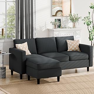 JAMFLY Sectional Sofa Couch Convertible L Shaped with Ottoman Small Sectional Couches, 3 Seater (Dark Grey)