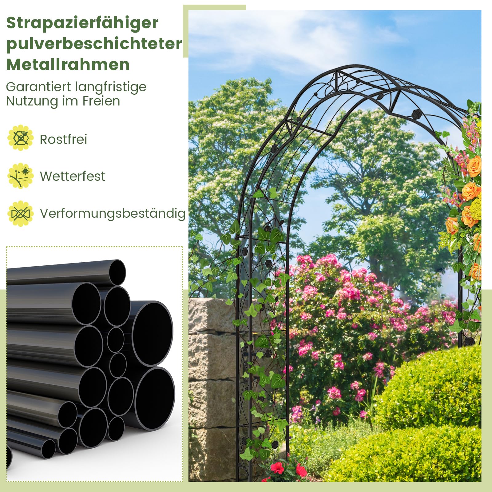 COSTWAY Rosenbogen halbrund, Gartenbogen Metall für Kletterpflanzen, 2 Halbbögen Garten, Torbogen Rosengitter Rankhilfe, Rankgitter Rosenspalier, für Veranda Hochzeit Partys, 150x40,5x251,5cm, Schwarz