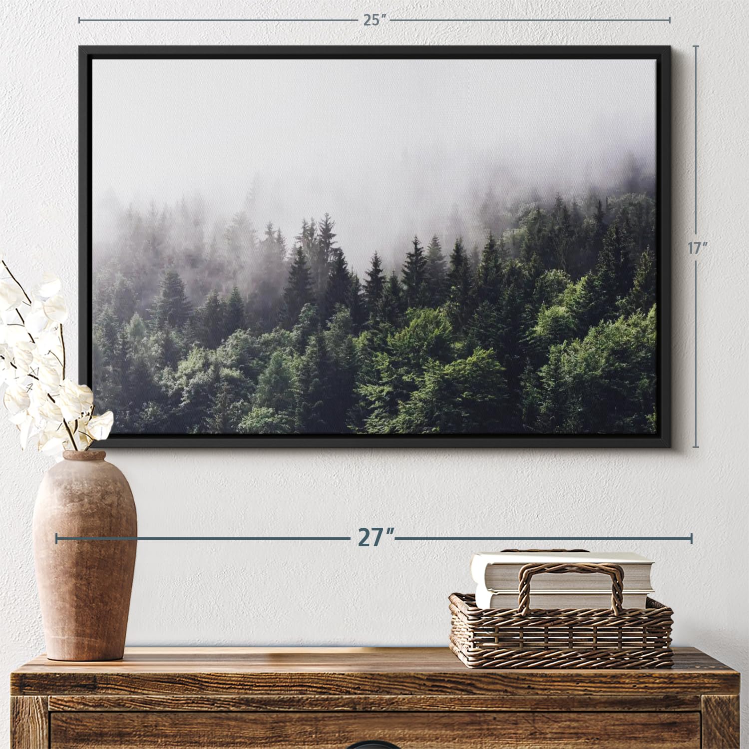 Elephant Stock Hazy Pine Forest Wall Art - Horizontal Floating Framed Canvas - 1-Piece Living Room Wall Decor - Photography Nature Canvas Print - Gray and White Decor for Wall - 25