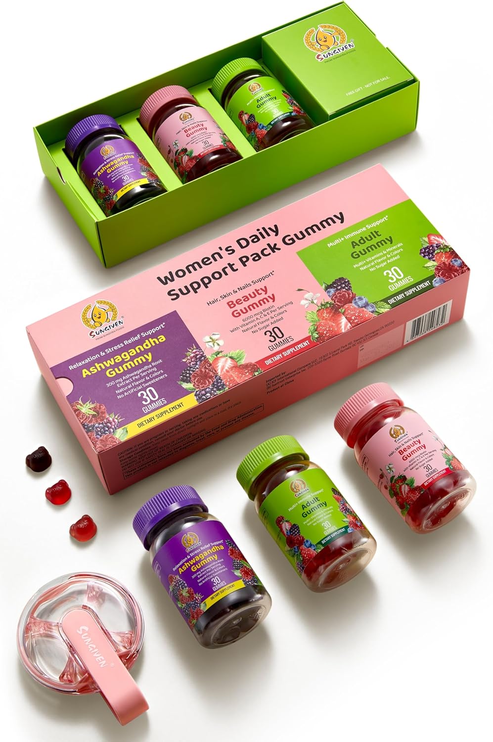 Women's Multivitamin Gummy Pack, 3 Support for Hair Skin Nails Sleep Daily Health, Vitamins A, D, C, E, Biotin, Ashwagandha, Folic Acid, Adult Chewable Vitamin, Berry Flavor, 15 Day Supply - 90 Count