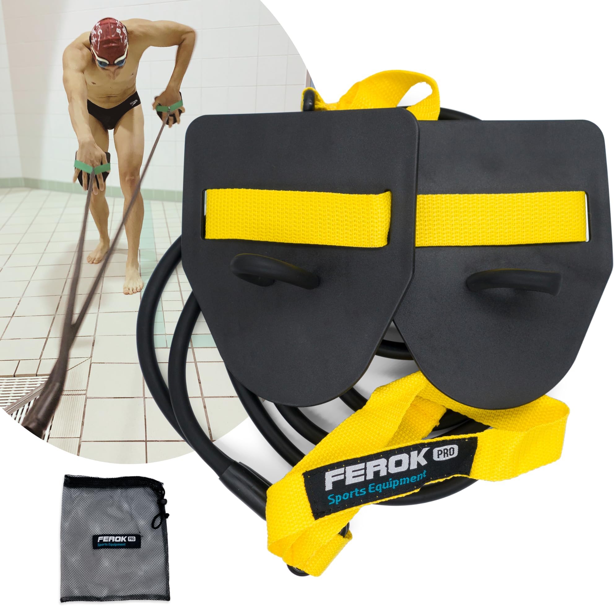 Swimming Resistance Band Set with Paddles – The Ultimate Swim Training Equipment for Dryland Workout - Resistance Bands & Cords for Swimming - Including Exercise - Light Yellow