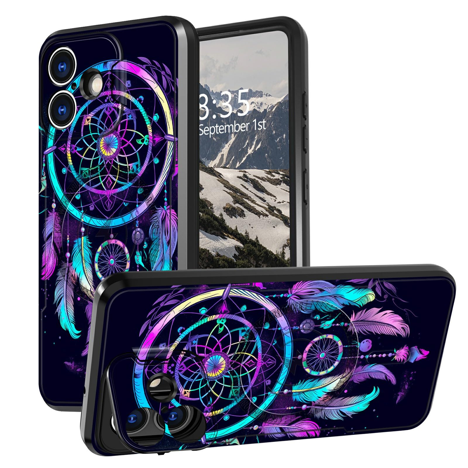BEOTIWAD Rainbow Dream Catcher Case for iPhone 16 6.1" with Kickstand Built-in Camera Stand Military Grade Heavy Duty Rugged Shockproof Protective