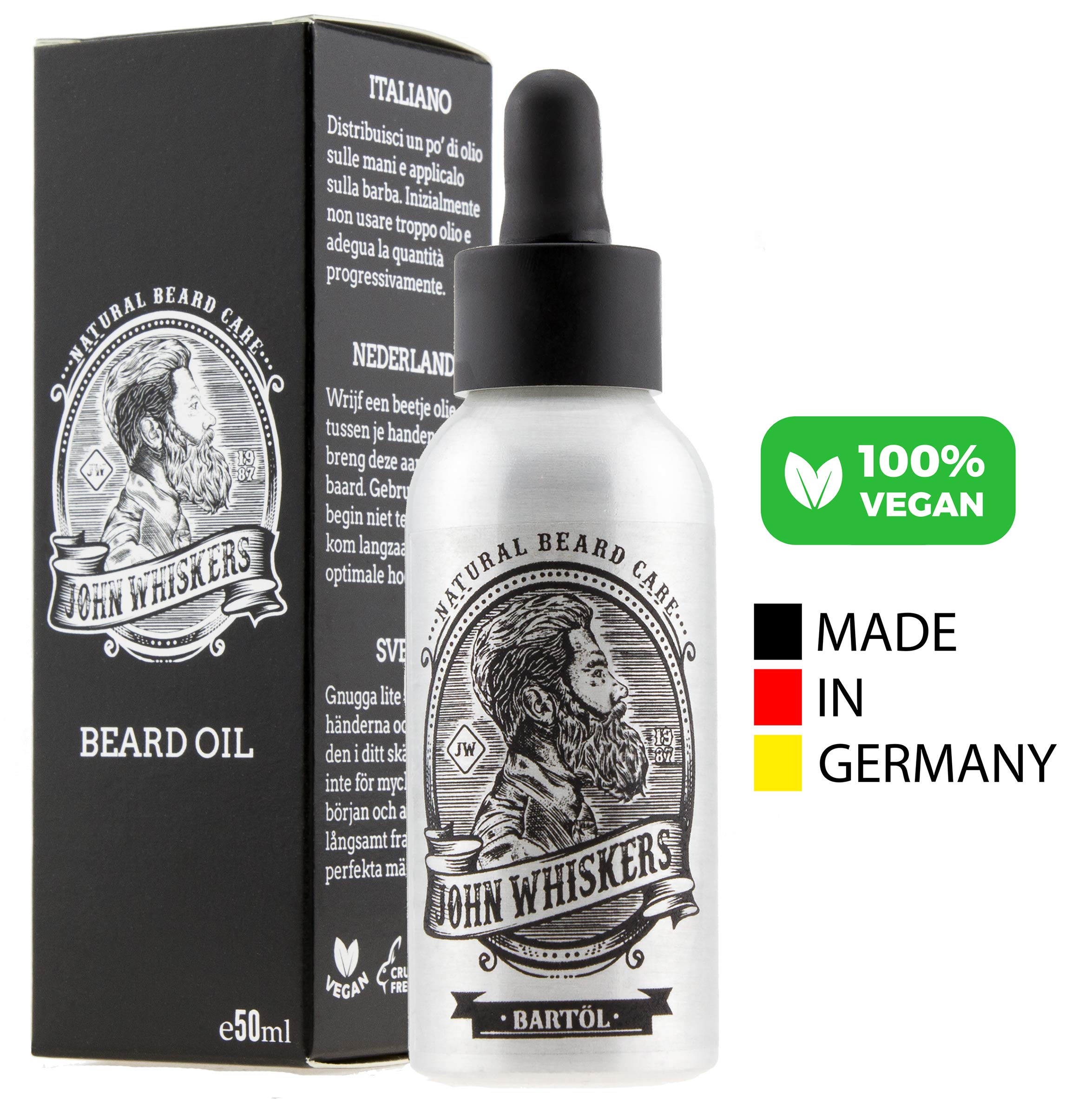John Whiskers Bartöl Made in Germany - 50ml - beste Qualitätsöle für einen weichen und gesunden Bart - Vegan & süßlich herber Duft (Packung mit 2)