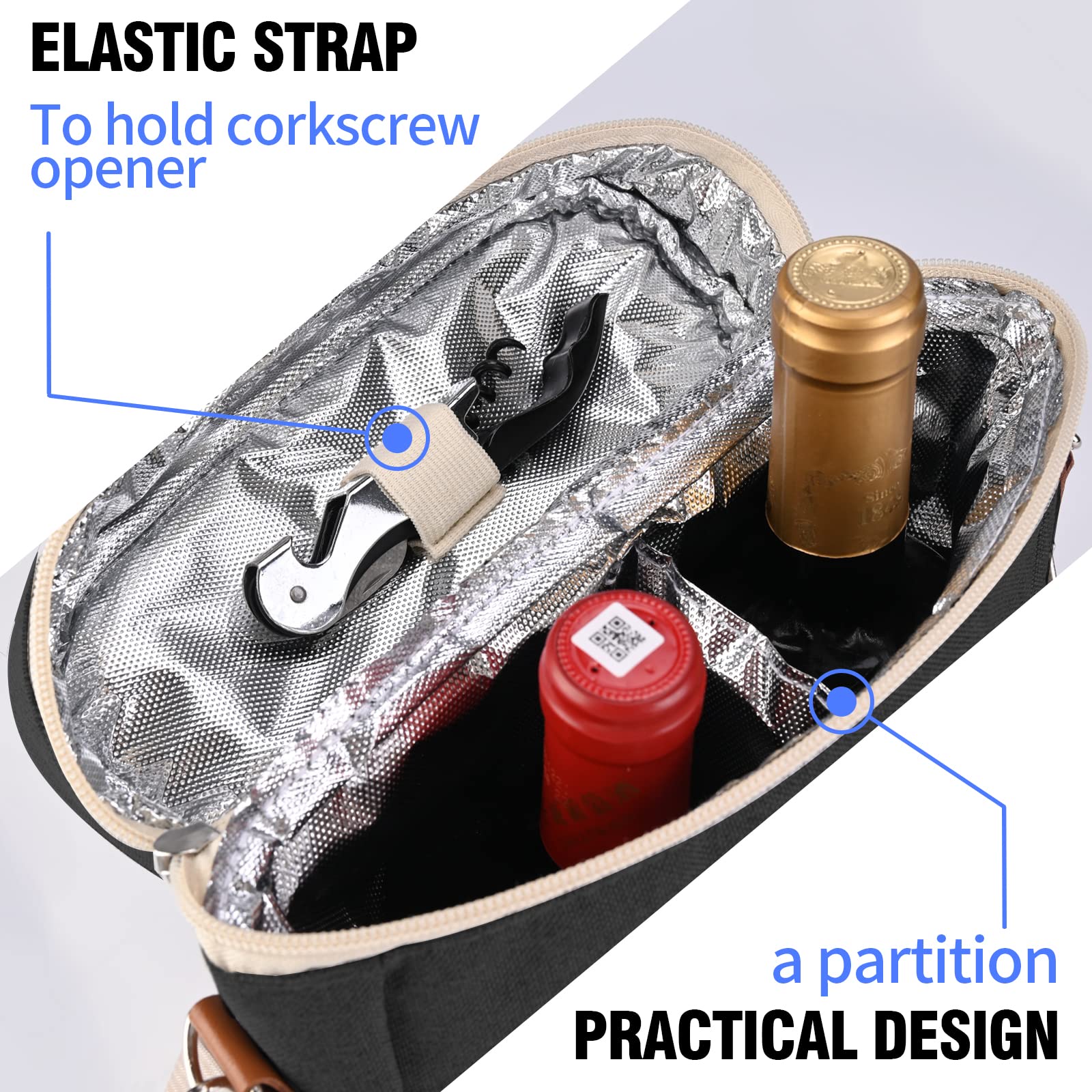 2 Bottle Wine Tote Carrier Insulated Portable Padded Canvas Wine Bag for Travel Party Great Gift for Wine Lover Black