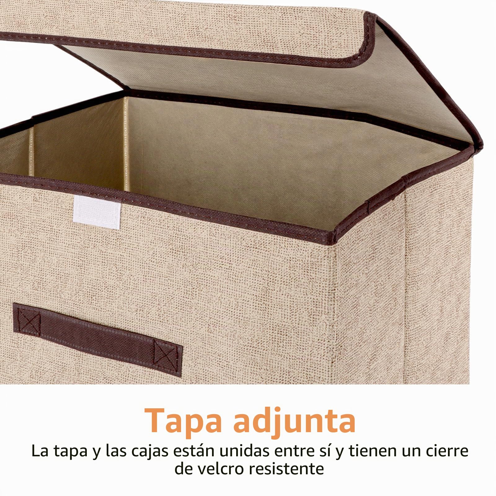 YAYODS 6 cajas de almacenaje de tela con tapa, 36 x 23 x 24 cm, beige | Cajas de tela beige de 36 x 23 x 24 cm, plegables, con cierre autoadherente y asa frontal; para ropa, textiles y accesorios