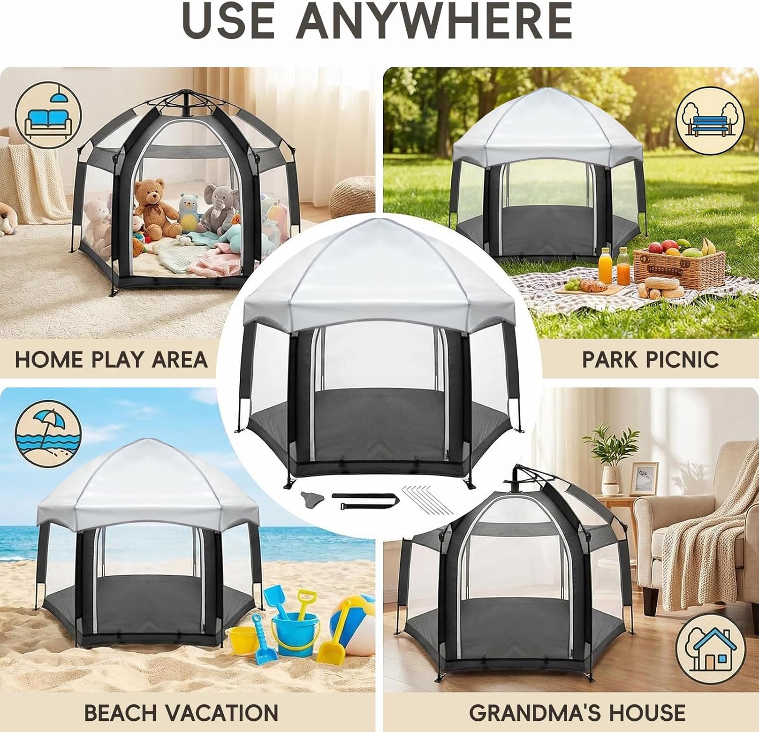 Palopalo Black Pop Up Baby Beach Tent - UPF50+ Sun Protection Canopy & Mosquito Net, Instant Setup Portable Playpen for Indoor & Outdoor Play, Lightweight Pack and Play Yard