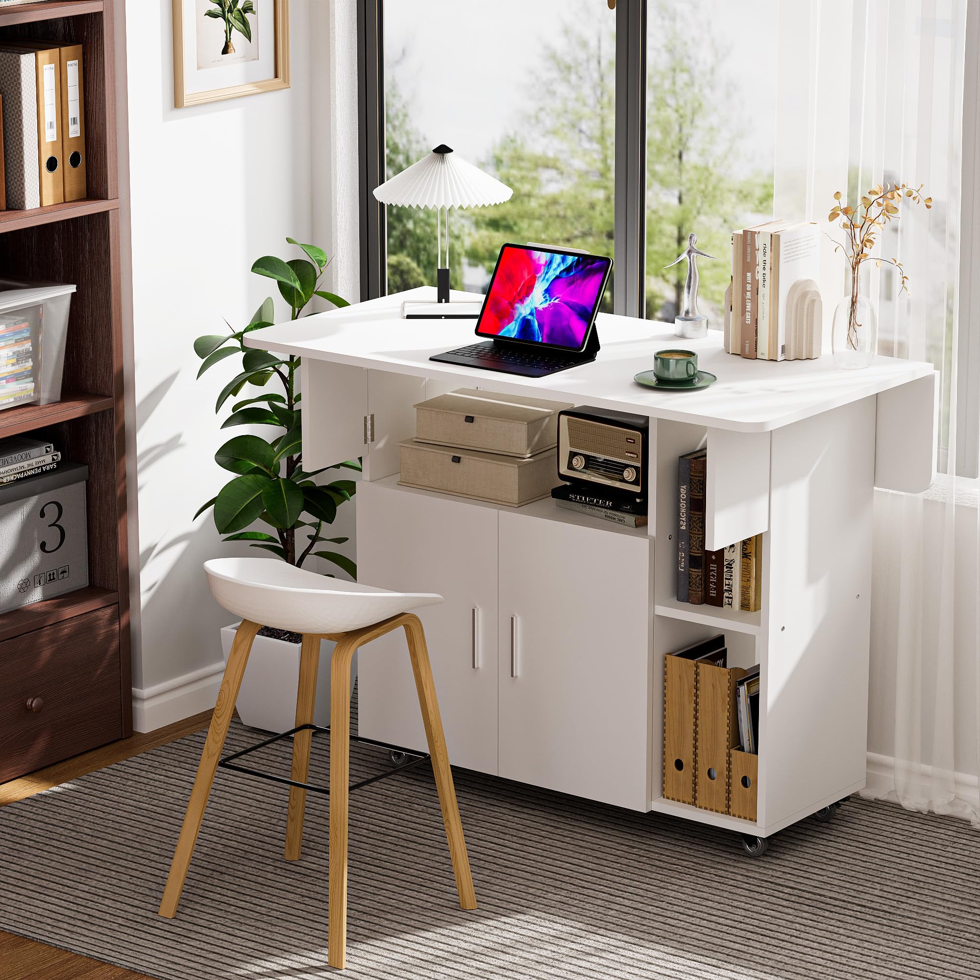 Table à Manger Pliante, Mobile Table de Cuisine avec roulettes pour 6 Personnes avec 1 Grande Armoire et 3 Compartiment Ouvert, pour Petits espaces, Salle à Manger, 100 x 70 x 79 cm Blanc