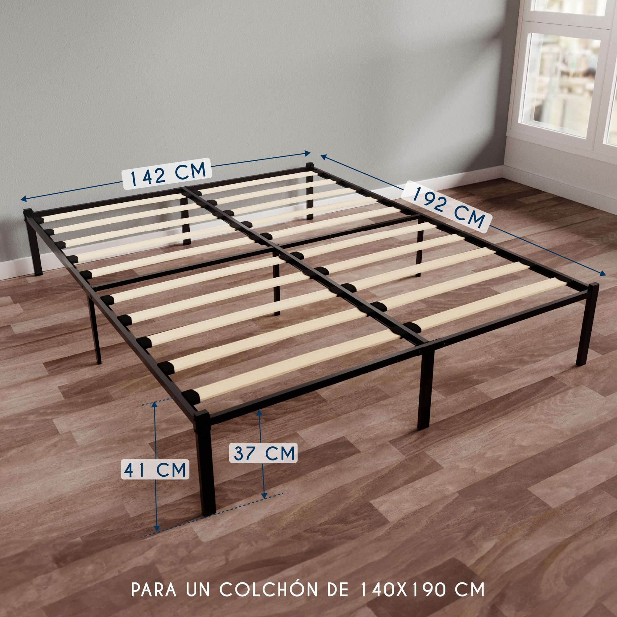 Dreamzie Somier 140x190 cm - Somier para Cama con Patas -Láminas Madera y Estructura de Tubos de Acero - Altura de 41 cm - Base Resistente - Montaje Sencillo