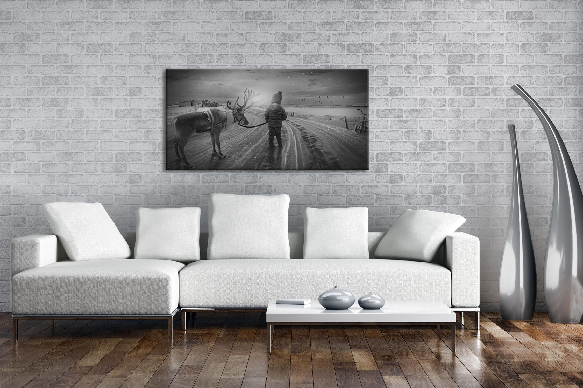 Viaje de invierno con un reno panorámico, 100 x 50 cm, efecto: negro/blanco como lienzo, diseño enmarcado sobre marco de madera auténtica, impresión digital de alta calidad con marco