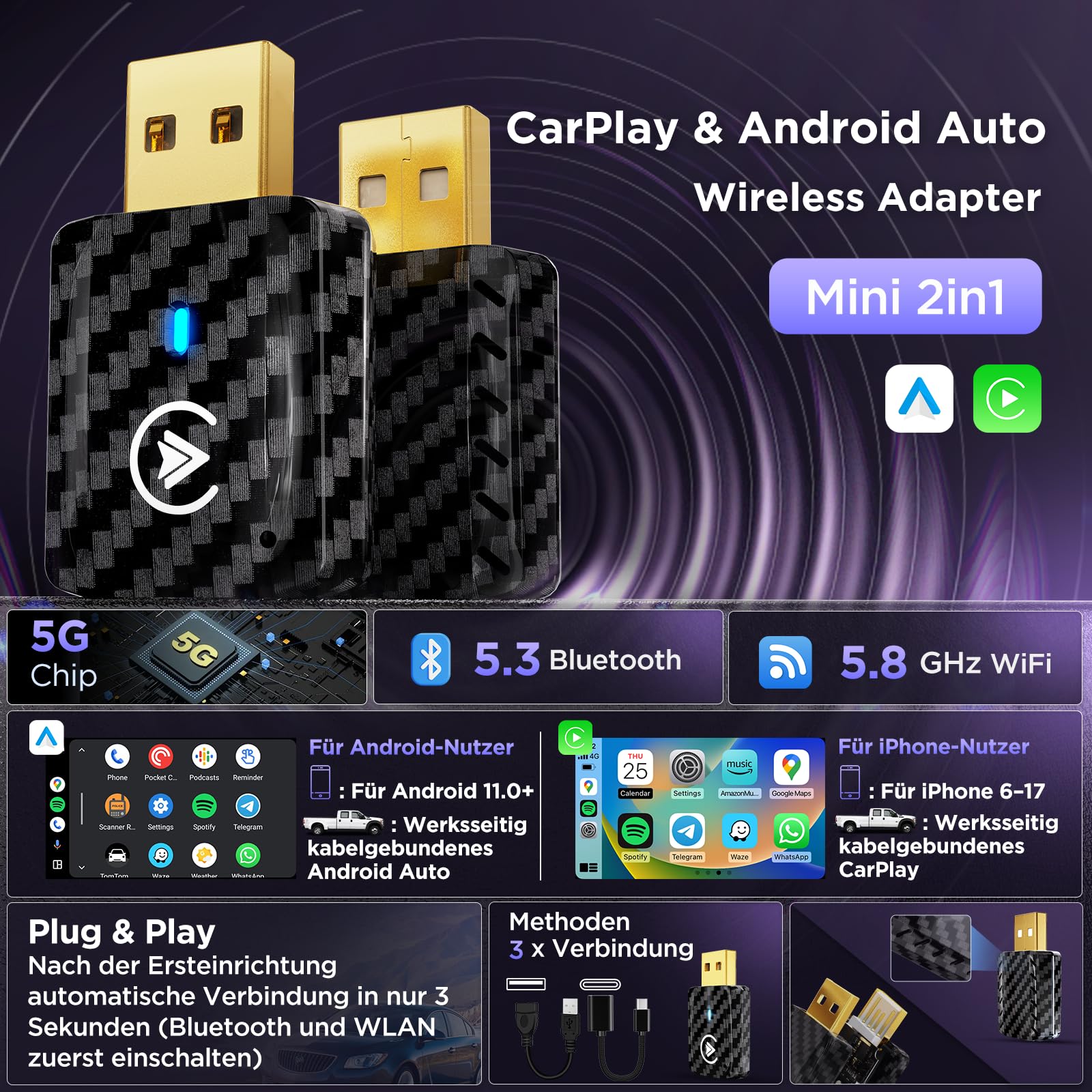 MSXTTLY CarPlay Wireless Adapter U2AC-01 Android Auto USB-C/A Schwarz