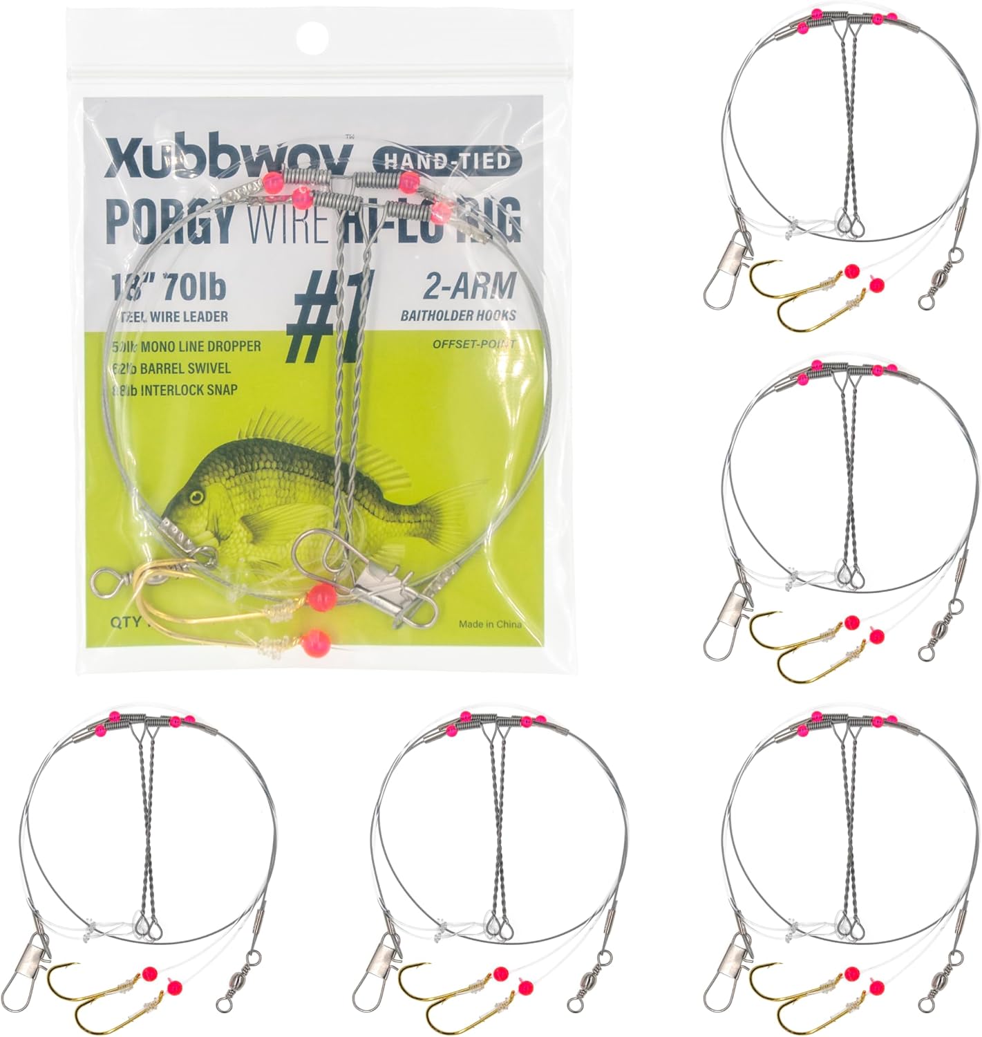 6-Pack Porgy Stainless Steel Wire Hi-Lo Rig, Size #1#2#4 | 18" 70lb Steel Leader, Anti-Tangle Twisted Arms, 11" Mono Dropper, Gold Baitholder Hooks for Scup, Sea Bass, Tautog