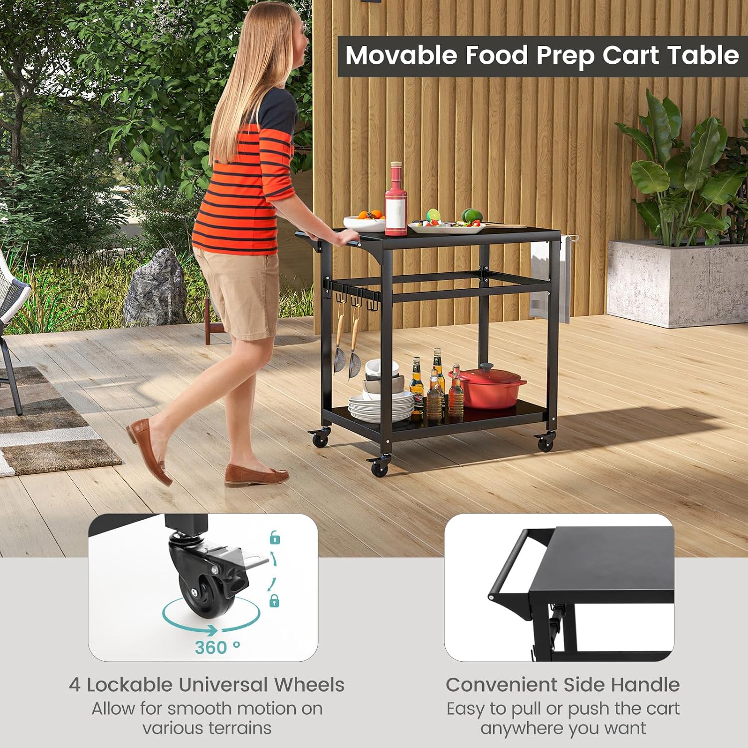 Giantex Outdoor Grill Cart - Pizza Oven Stand Table with Lockable Wheels, Double-Shelf Outdoor Cooking Prep Table with Garbage Bag Holder, Removable Hooks, Movable Dining Cart for Kitchen BBQ Party