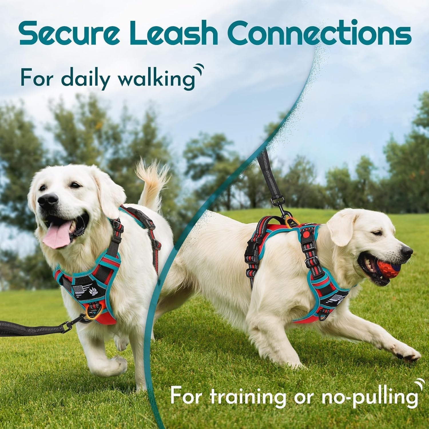 Eagloo Dog Harness Medium Sized, Easy Wearing with 3 Buckles, Adjustable No Pull Pet Harness with 2 Rings for Walking, No Chock Reflective Soft Padded Vest with Control Handle, Red & Teal, M