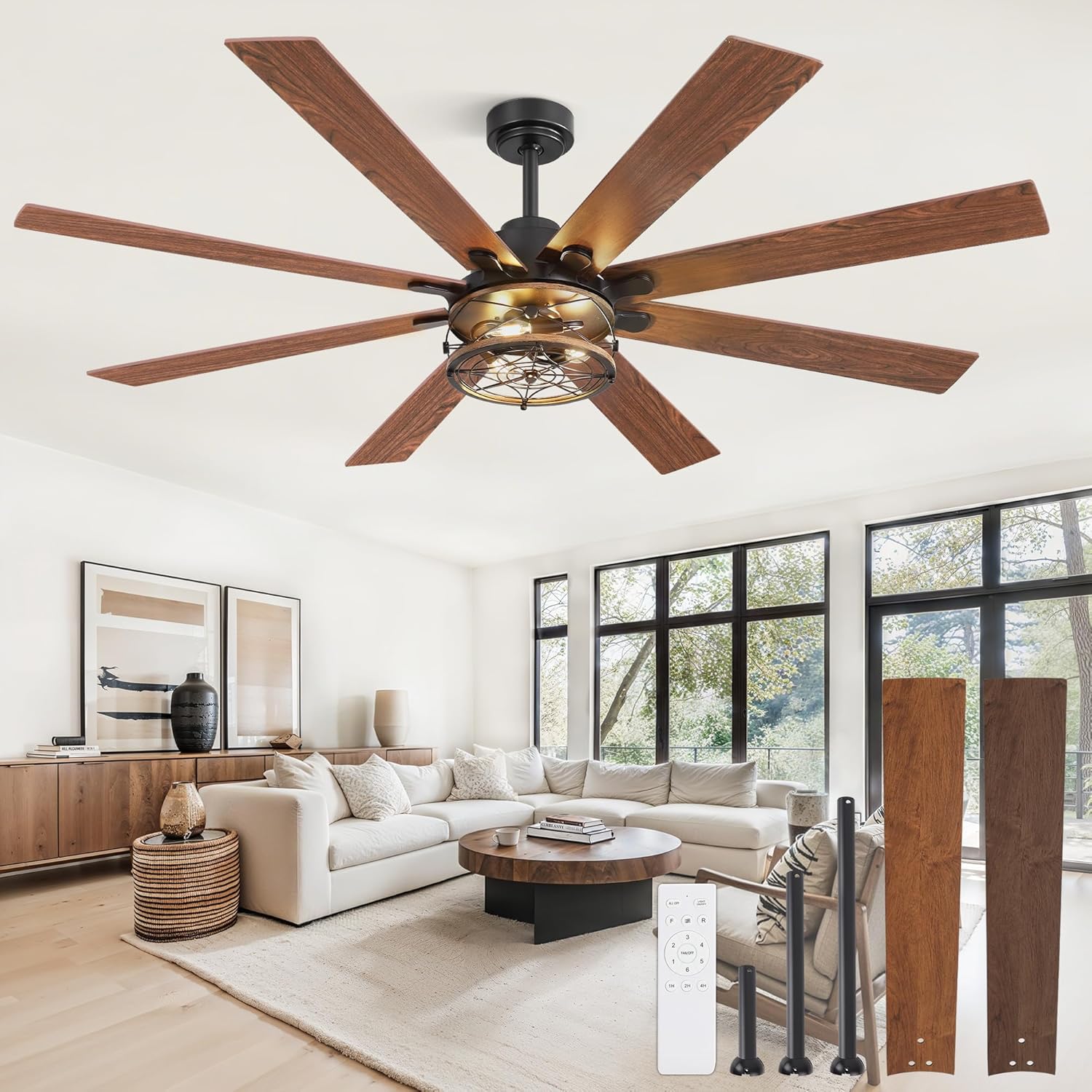 65 Inch Ceiling Fans with Lights, Farmhouse Ceiling Fan with Lights and Remote, Dual Finish 8 Blades Black Caged Rustic Ceiling Fans with 6 Speed Reversible Motor for Indoor/Covered Outdoor