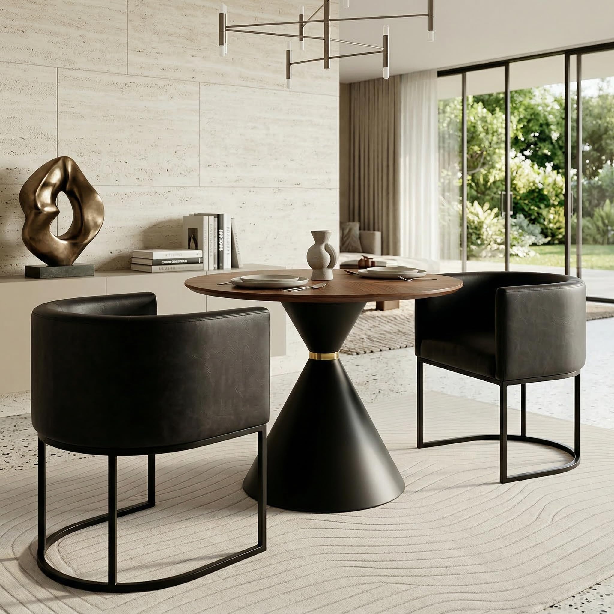 HNY Mid Century Modern Upholstered Barrel Black Dining Chairs with Arms Set of 2, Leather Kitchen &amp; Dining Room Chairs, 18.5" Wide Accent Chairs for Dining Room Living Room with Black Metal Frame