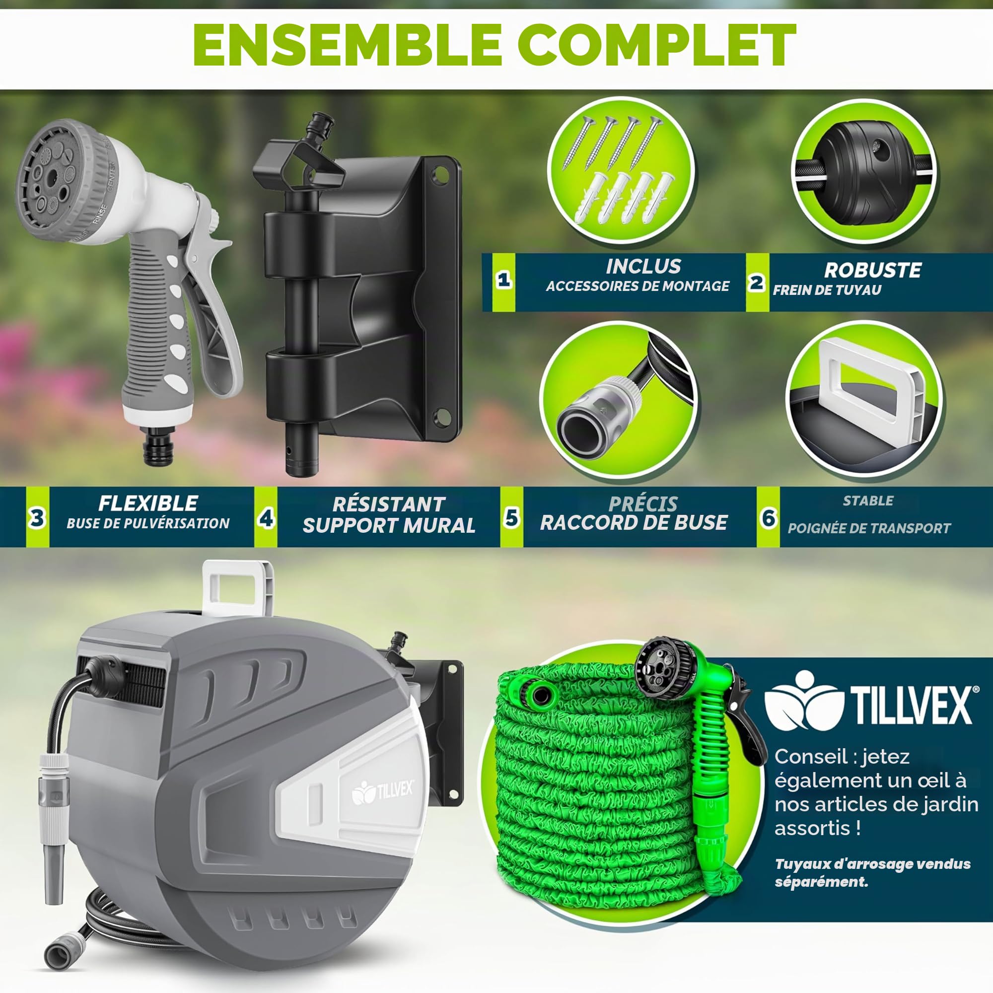 tillvex Enrouleur de Tuyau d'arrosage pour Jardin 30+2m avec support mural + poignée | Dévidoir pour tuyau avec pistolet à eau et tuyau d'arrosage | Pivotant à 180° (Gris)