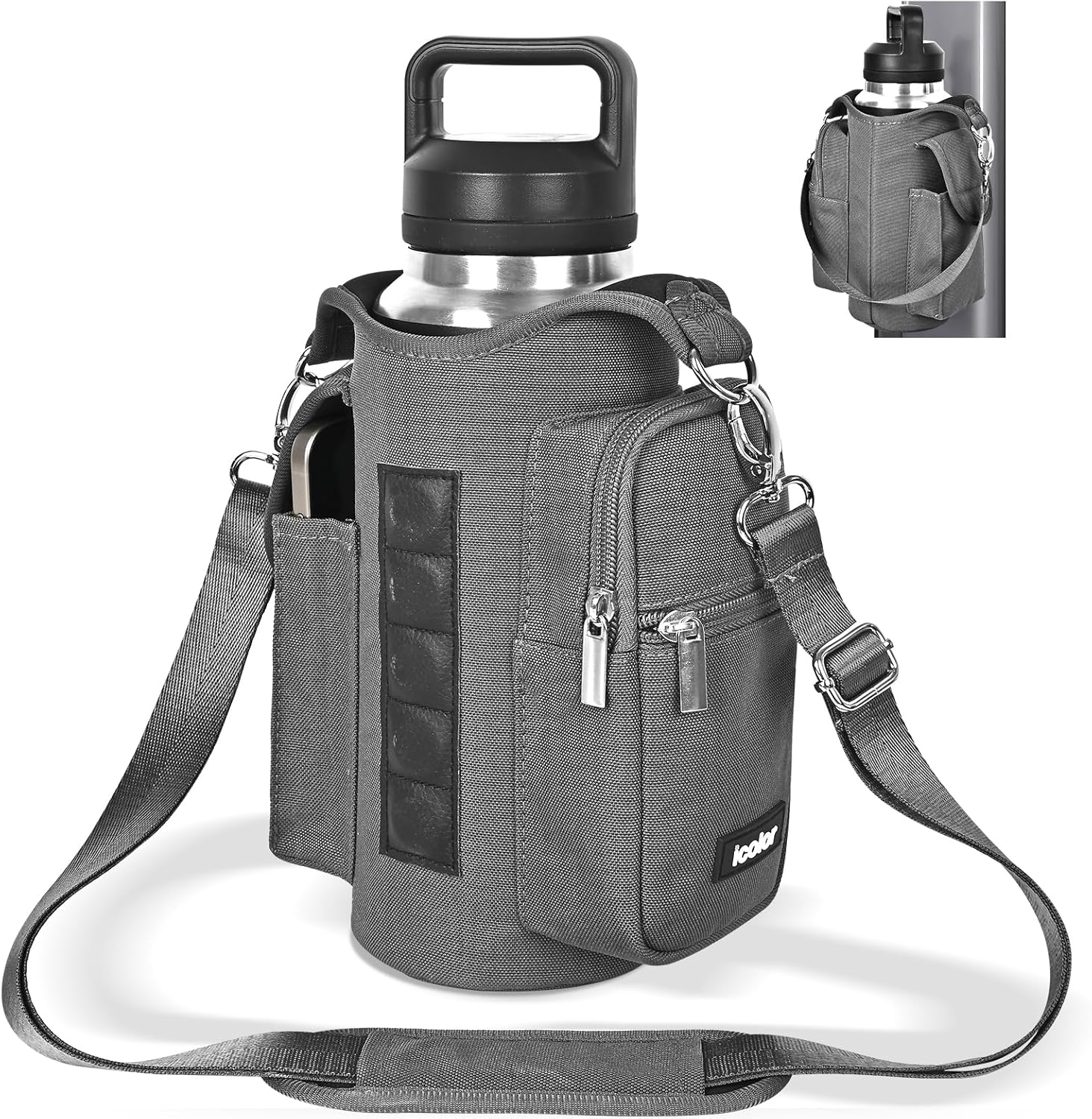 icolor Magnetic Gym Bag Water Bottle Carrier Holder with Phone Pockets & Shoulder Strap,Gym Magnetic Bag 5 Built-in Magnets Gym Accessories Organizer Sling Bottle Bag Pouch Sleeve