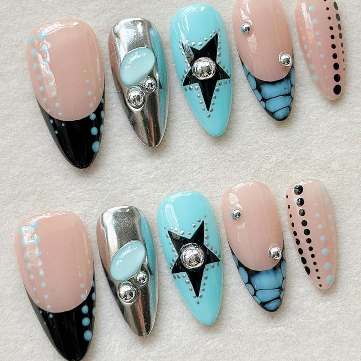 Medium Press on Nails Almond Fake Nails Black and Pink Acrylic Nail Press Ons Stars lankensuixi zebra-stripeand Leopard Stick on Nail for Women