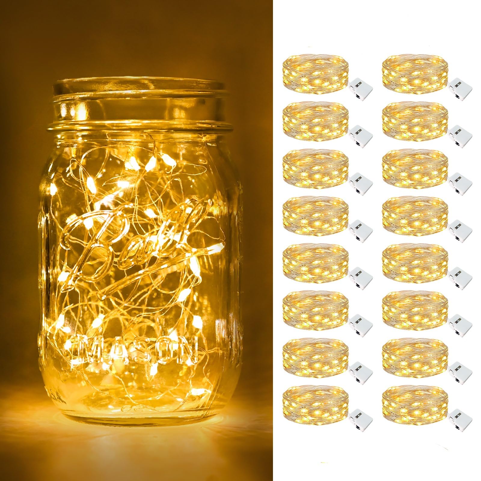 btfarm 16 Pack Fairy Lights Battery Operated [3 Modes], 7ft 20 Led Twinkle Lights String Lights Waterproof Bulk Small Mini Silver Wire for Christmas Mason Jars Wedding Table Centerpiece, Warm White