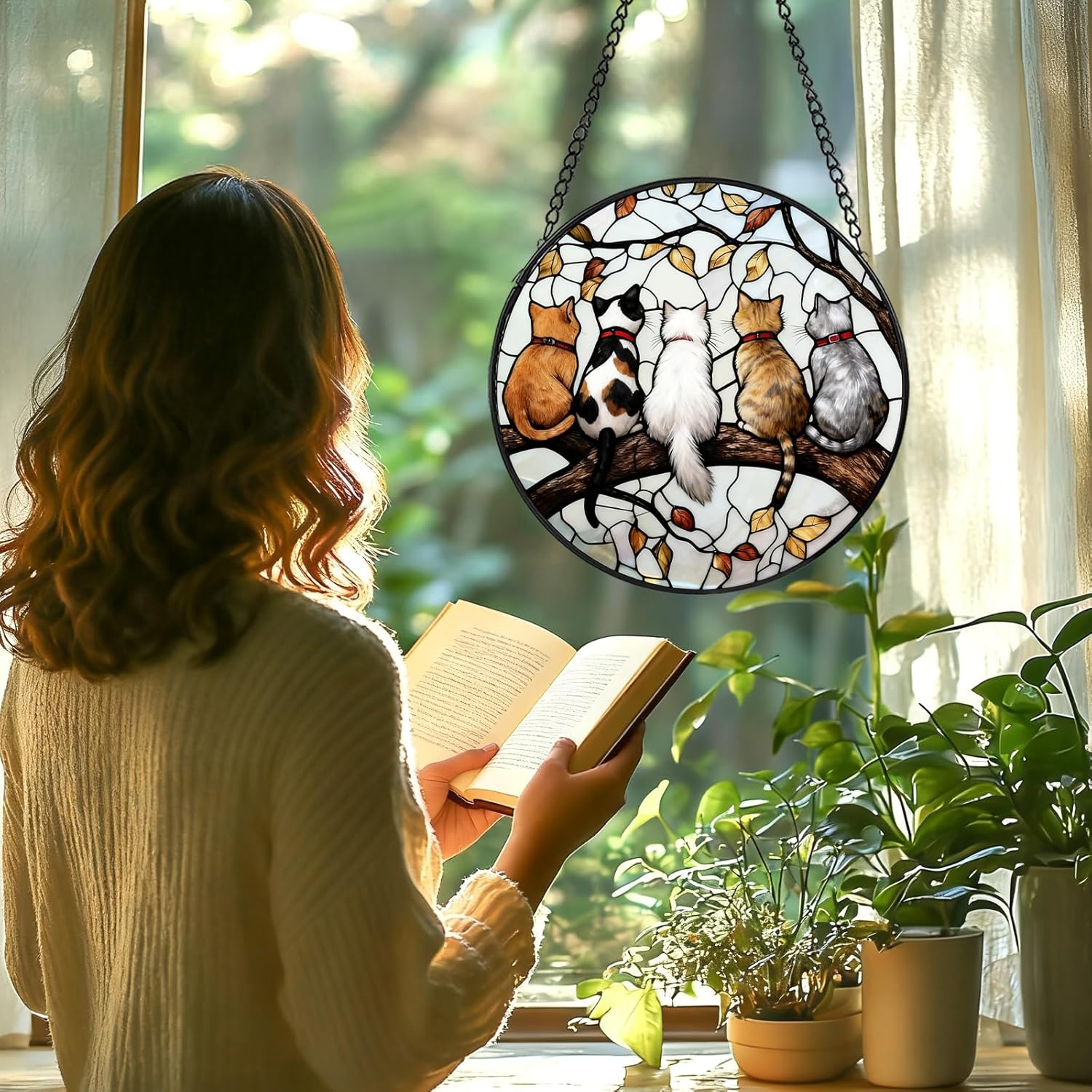 Stained Glass Window Hanging,Five Kitties Sun Catchers Diamond Glass Panel Hangings Suncatcher Decor,Suitable for Christmas, and New Year Gifts for Girlfriends, Mothers (Style 1, 6.3x6.3 in) - Image 4