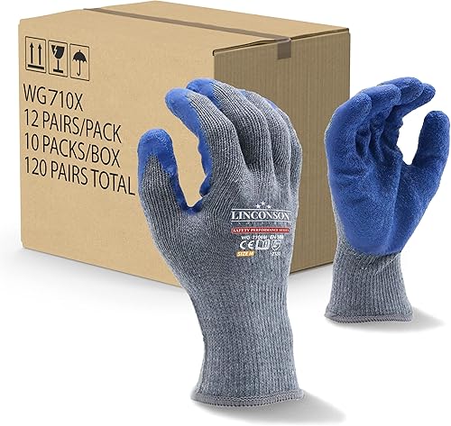 linconson 12 pares de guantes de trabajo de algodón con revestimiento de palma de látex de agarre extremo adecuados para construcción, mecánica y