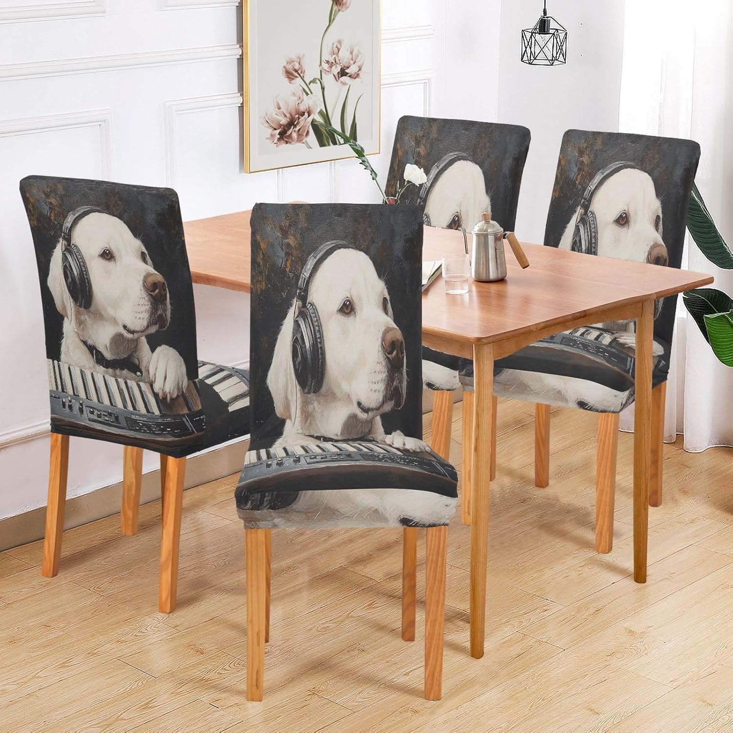 ALAZA Chair Covers for Dining Room, Labrador Enjoy Music Stretch Chair Cover Sets Chair Protector Removable Washable for Ktichen Restaurant Hotel