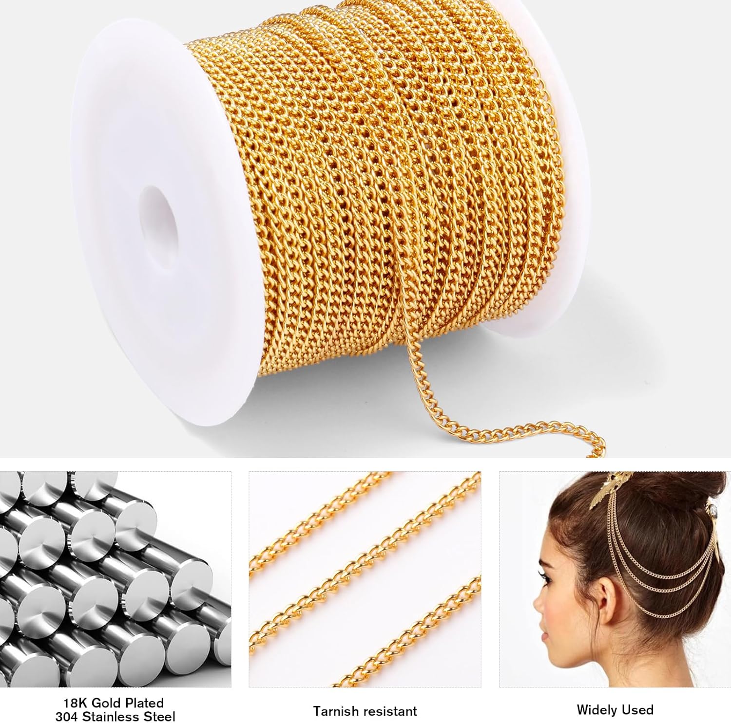[66 Feet/ 2MM] 18K Gold Plated 304 Stainless Steel Flat Twisted Links Curb Chains Spool Bulk for Jewelry Making Necklace DIY Craft