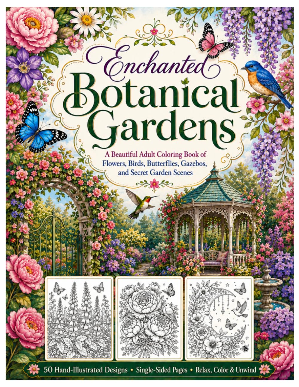 Enchanted Botanical Gardens: A Beautiful Adult Coloring Book of Flowers, Birds, Butterflies, Gazebos, and Secret Garden Scenes
