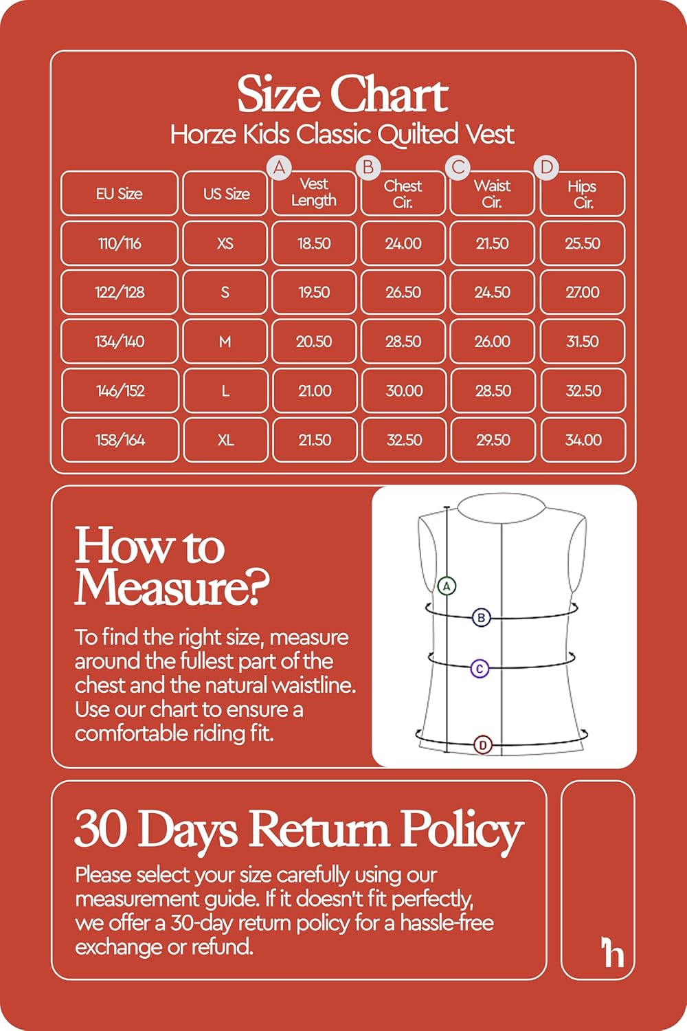 HORZE Kid's Unisex Quilted Softshell Lightweight Windproof Equestrian Riding Vest | Size Chart in Image - Image 3