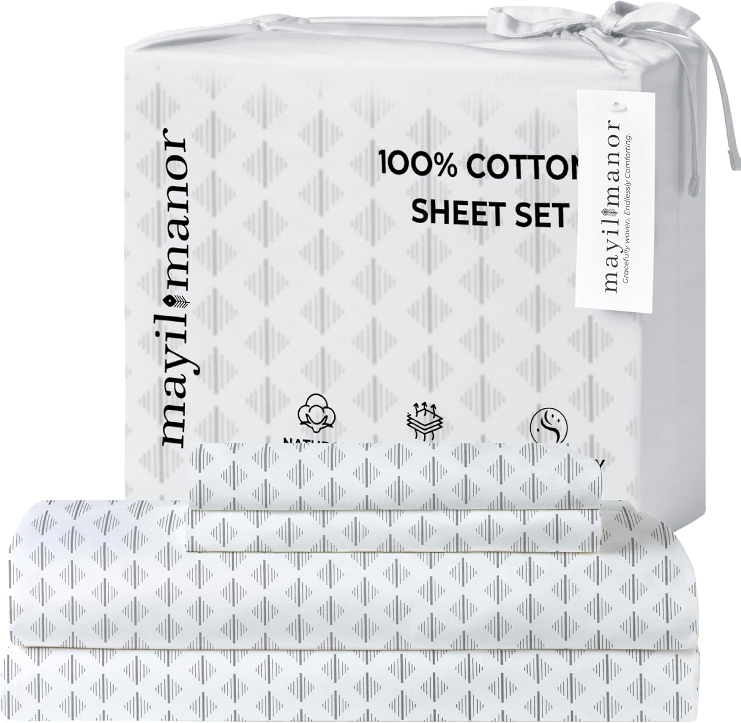 Queen Size Bed Sheets Set - Percale Weave Natural - Breathable 100% Cotton Printed 4 Piece Bedding Set with 2 Pillowcases, 18" Deep Pocket Fitted Sheet, Flat Sheet - Grey Ida Print