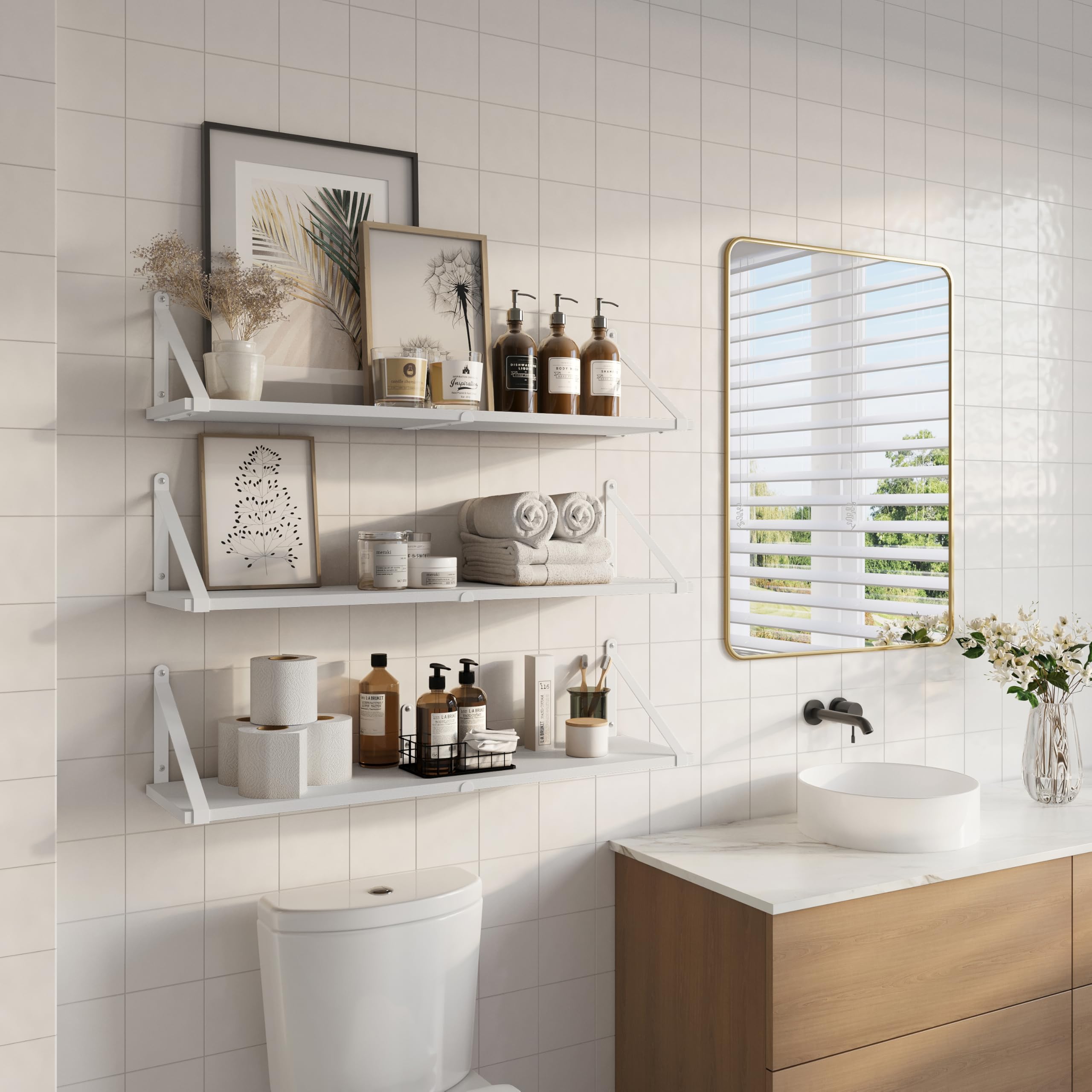 CASSA ZENO Étagères murales suspendues pour le mur, lot de 3, 80 cm x 20 cm Étagère Bibliothèque pour chambre à coucher Salon Bureau Salle de bain Cuisine Bois rustique avec support métallique (blanc)