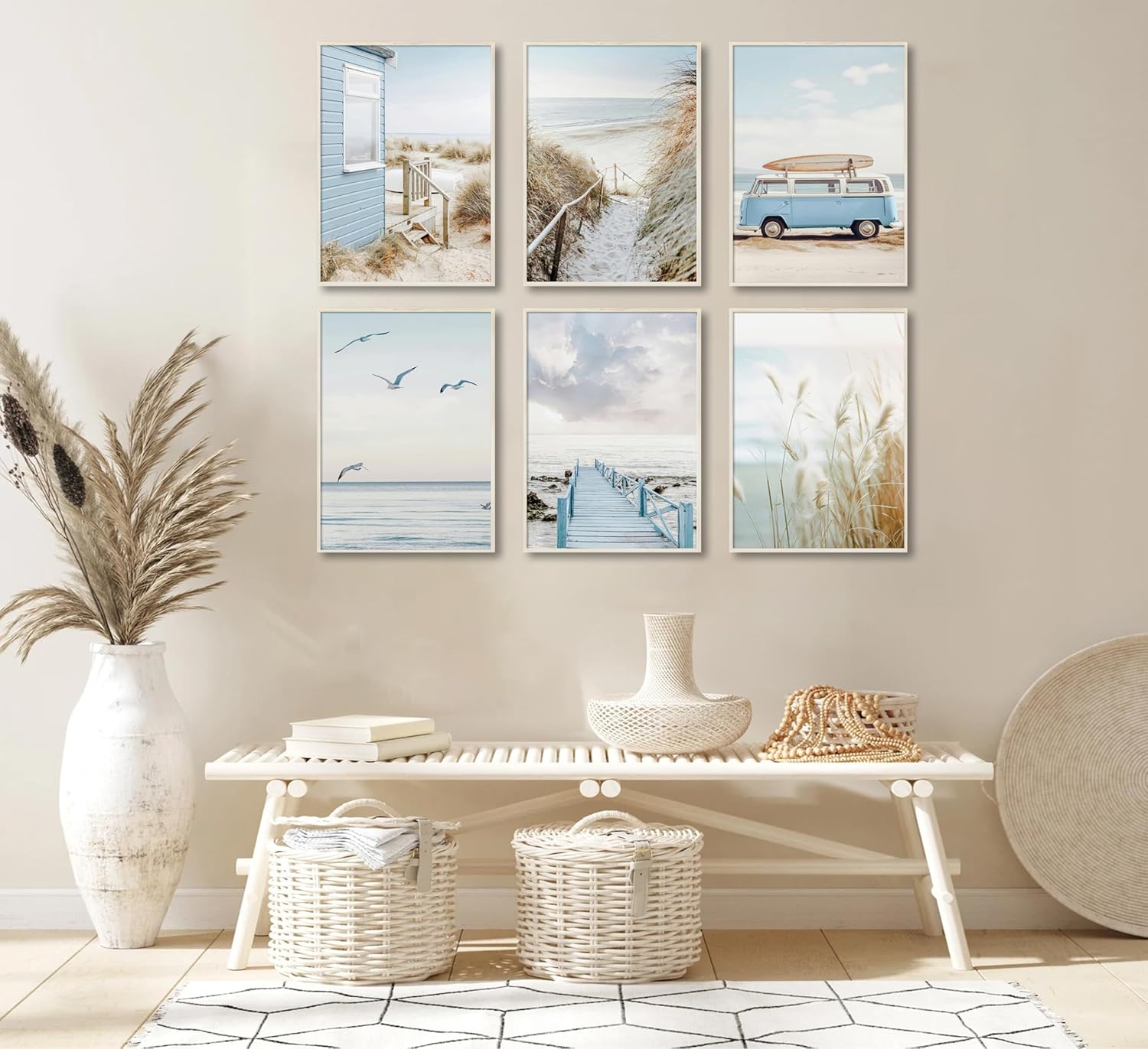 6Pcs Blue Coastal Beach Canvas Wall Art Summer Tropical Ocean Picture Wall Decor Nautical Surfboard Bus Posters Preppy Beach Painting Prints Artwork for Living Room Bedroom Bathroom Home Decoration