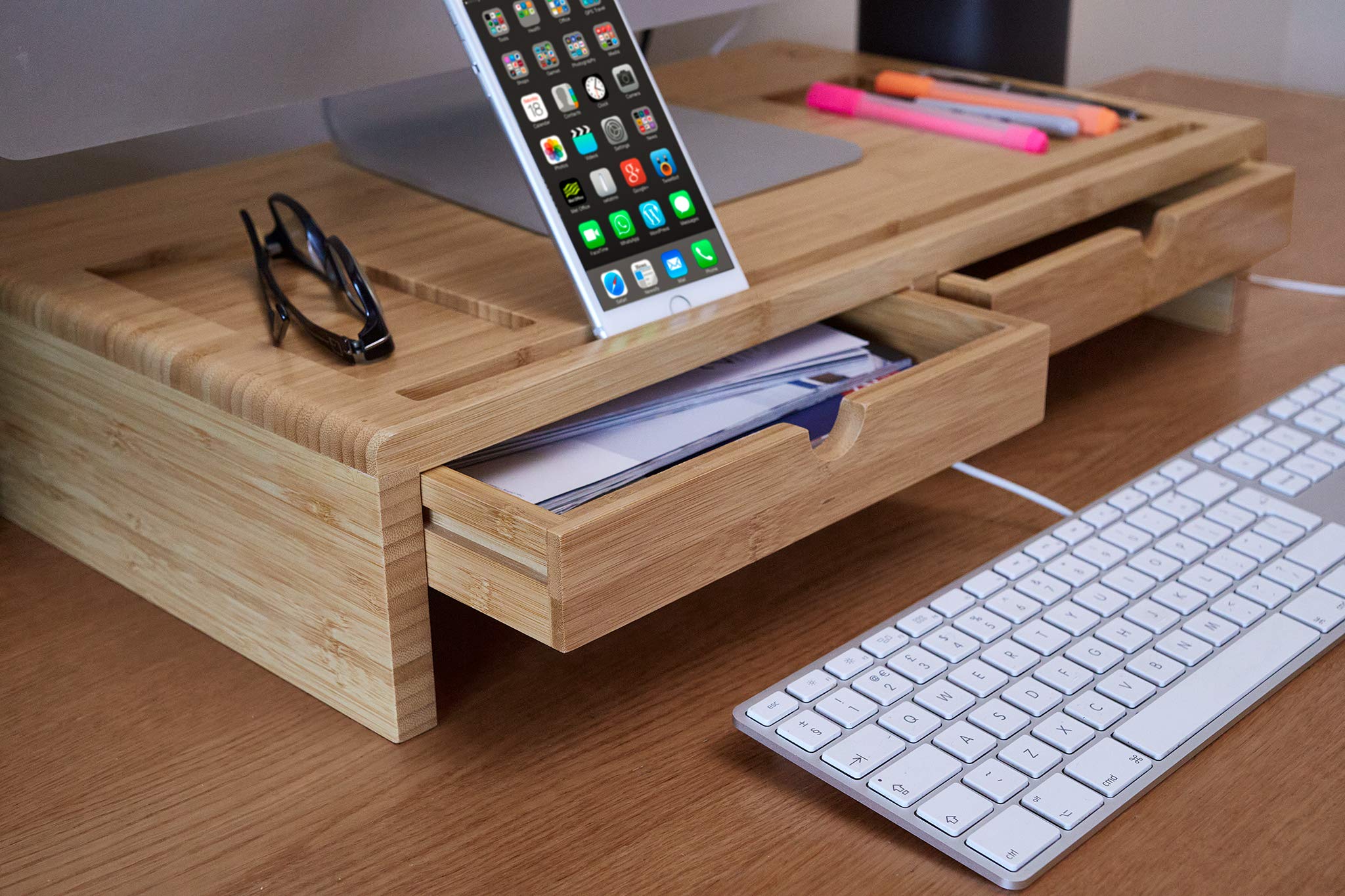 Buy TickleBrick Bamboo Monitor Stand and Desk Organiser with 2 drawers
