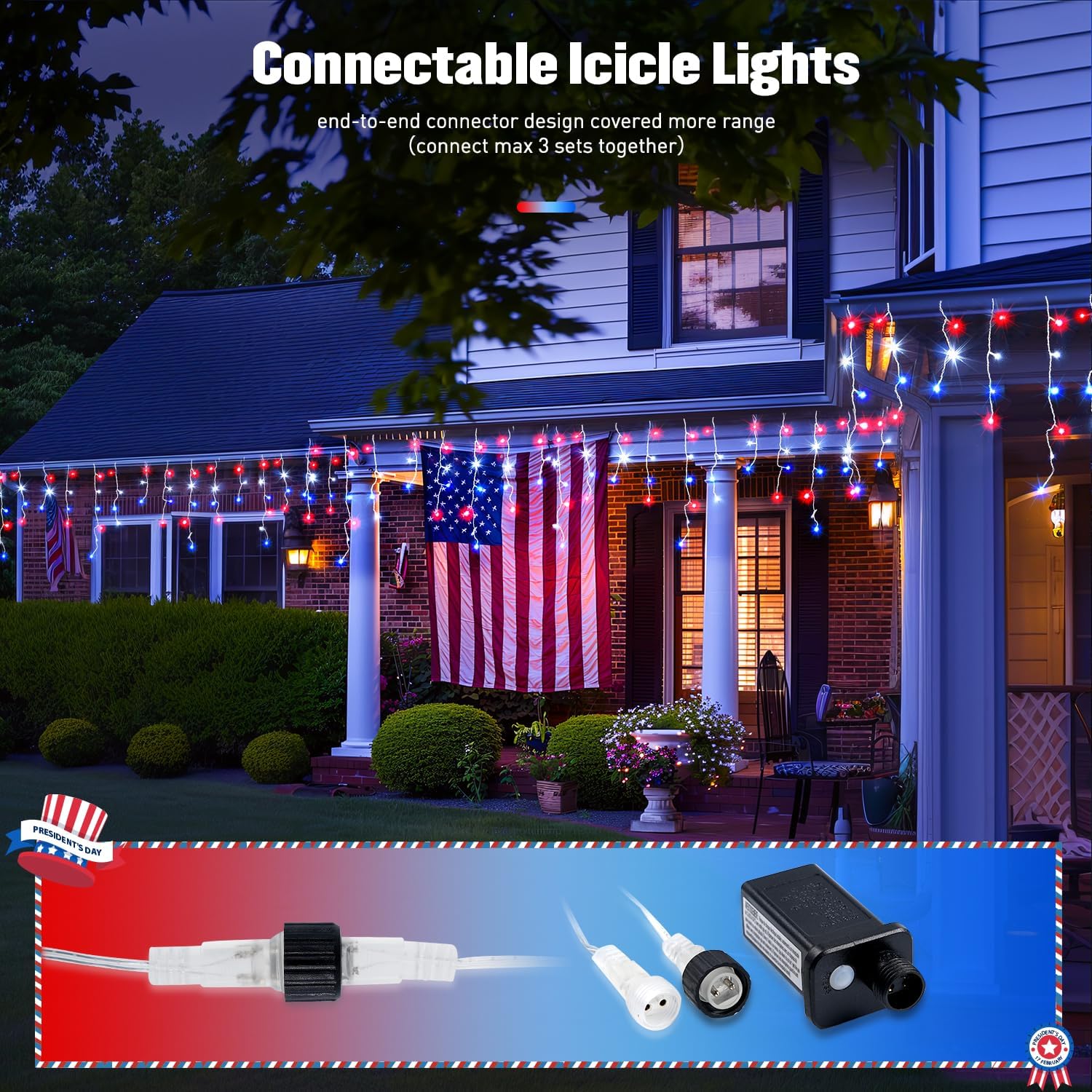 JMEXSUSS Icicle Lights for 4th of July Decor, 400 LED Red White and Blue Icicle Lights for Outside, 38.8 Ft Independence Day Icicle String Light Indoor Outdoor Holiday American Flag Decor