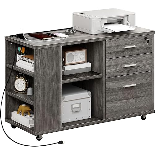 YITAHOME File Cabinet with Charging Station, Mobile Lateral Filing Cabinet with Lock for Home Office, Printer Stand with Open Storage Shelf, Fits A4, Letter, Legal Size Files, Office Furniture, Grey