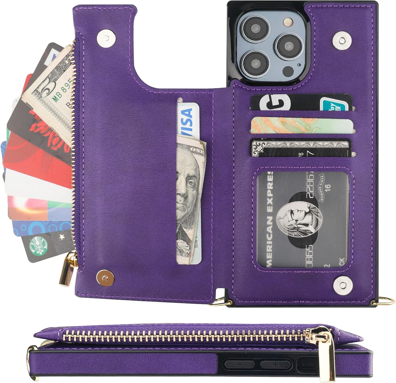 Bocasal Crossbody Wallet Case for iPhone 14 Pro Max with RFID Blocking Card Slot Holder, Magnetic Flip Folio Purse Case, PU Leather Zipper Handbag with Detachable Lanyard Strap 6.7 Inch 5G (Purple)