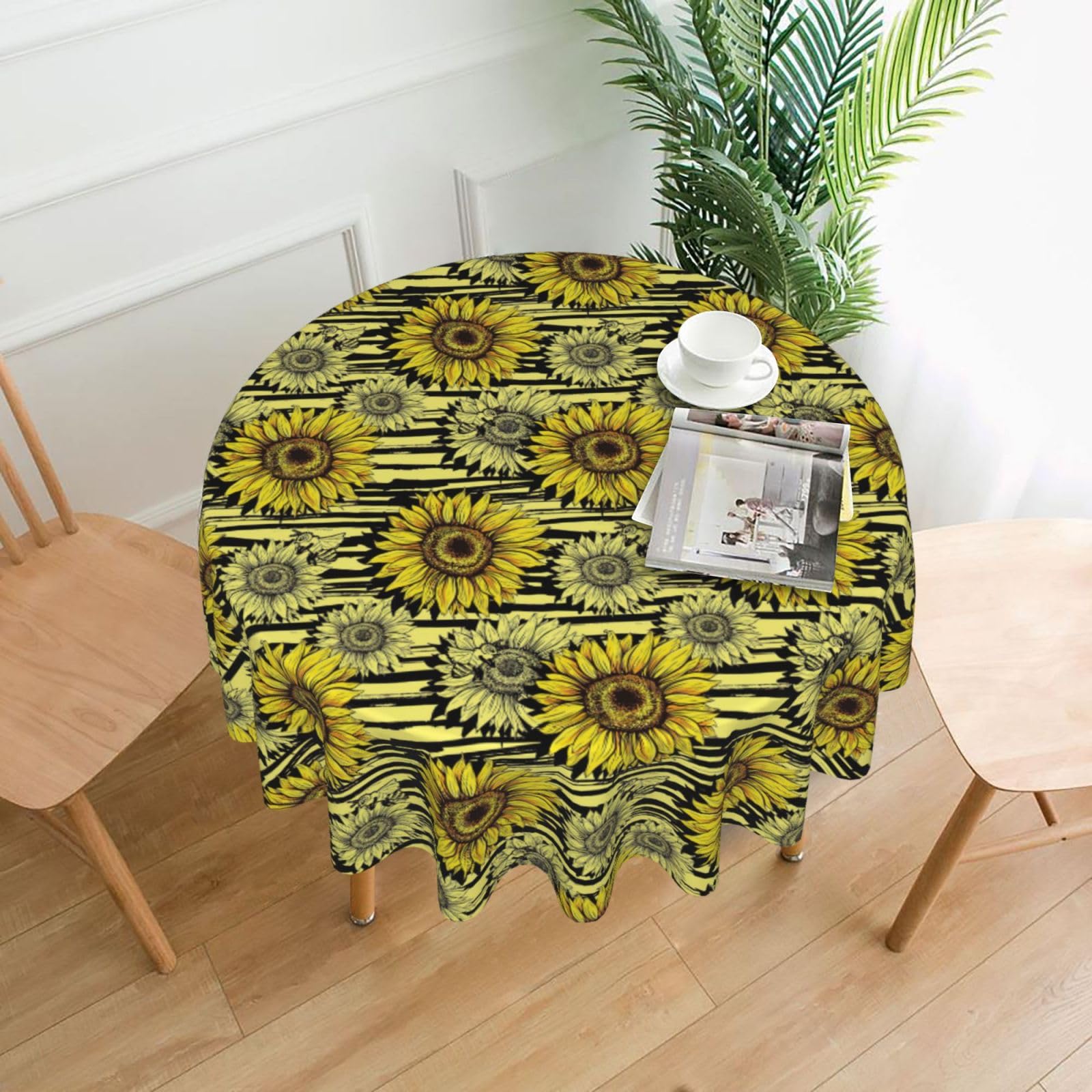 Nbtghga Bees Sunflowe Print Tablecloth Round Border Table Cloth Cover Decorative For Party Holiday Dinning Tabletop Home
