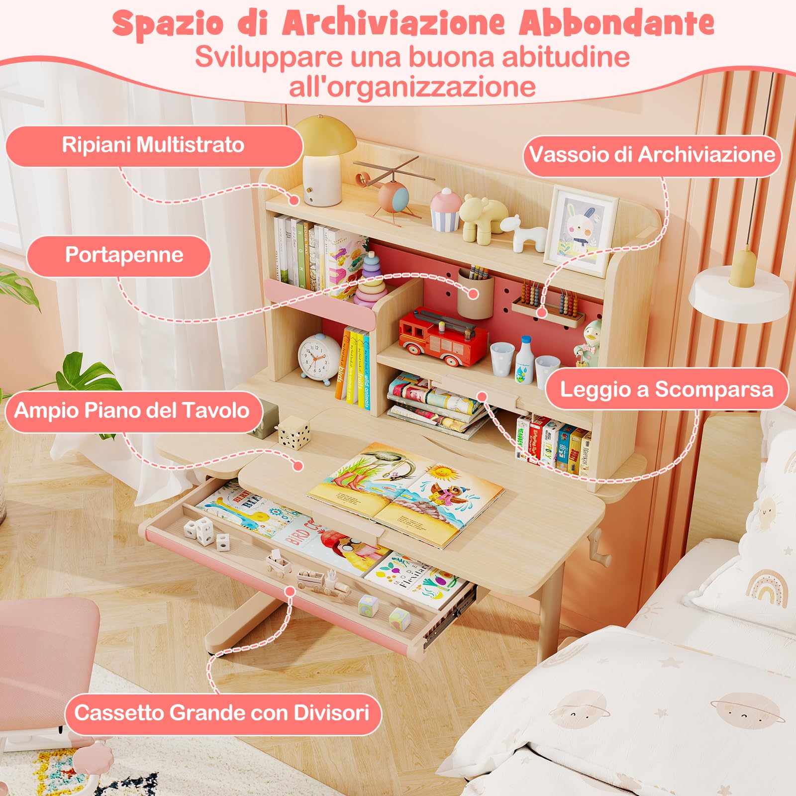 COSTWAY Scrivania per Bambini 3+ Anni, Tavolo da Studio Regolabile in Altezza con Libreria e Cassetto, Piano Inclinabile, Mensole, Leggio e Portapenne, Scrivania per Studiare (Rosa)