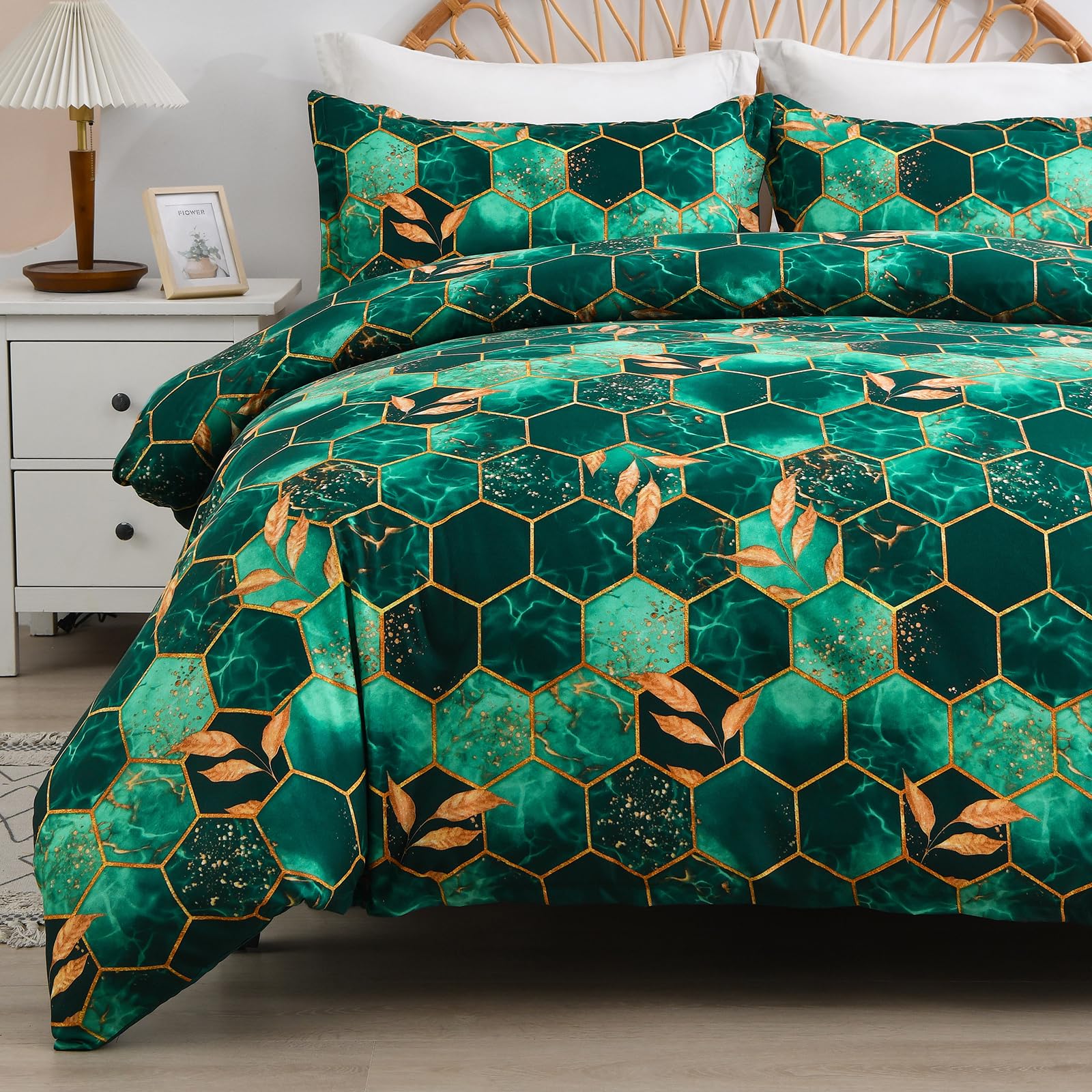 DJY Green Geometric Duvet Cover Golden Leaves Reversible Bedding Set - Image 4