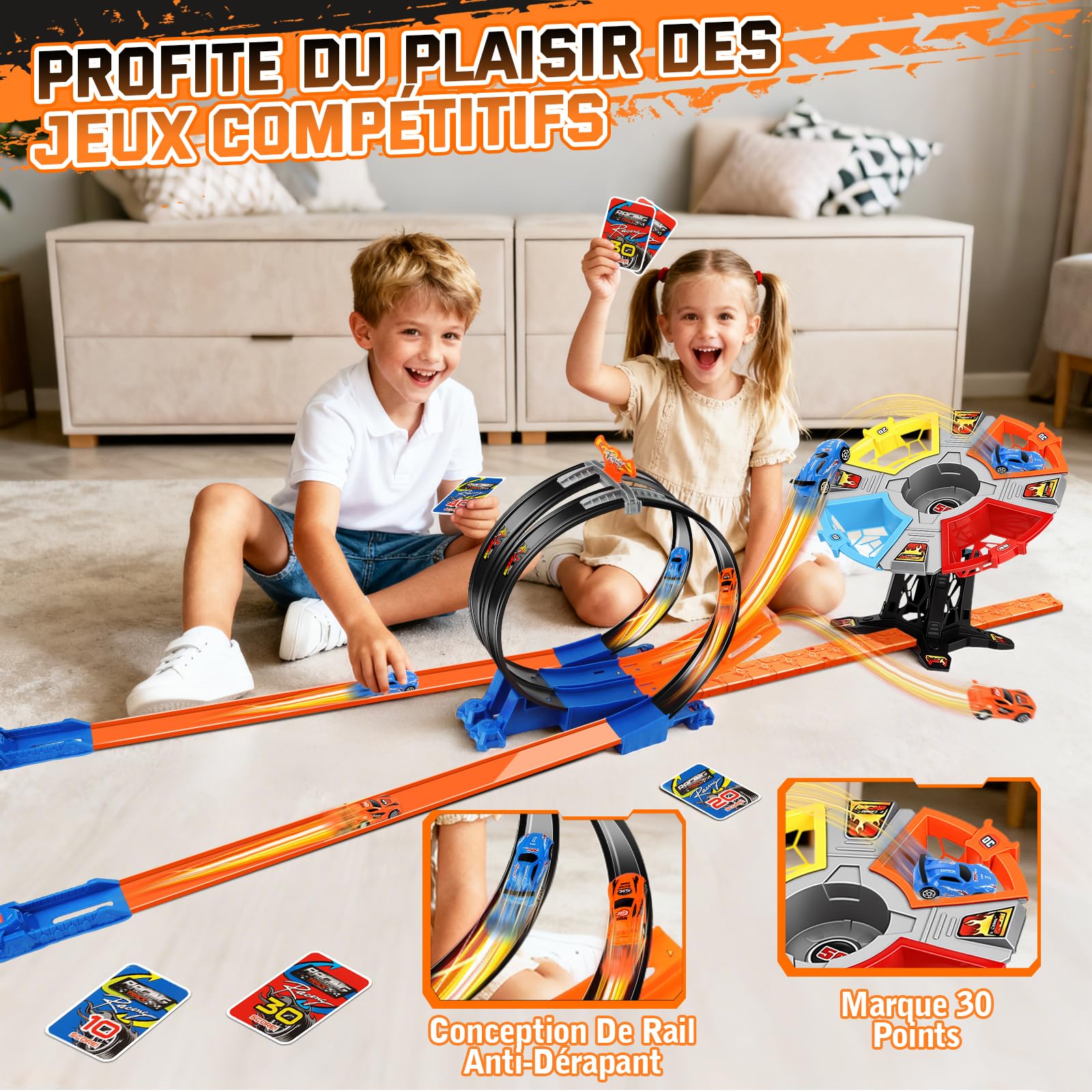 Charmofun Piste de Course Voiture Enfant, Circuit de Voiture Jouet avec Circulaires, Double Voies, Jouet Circuit pour Enfants de 3+ Ans