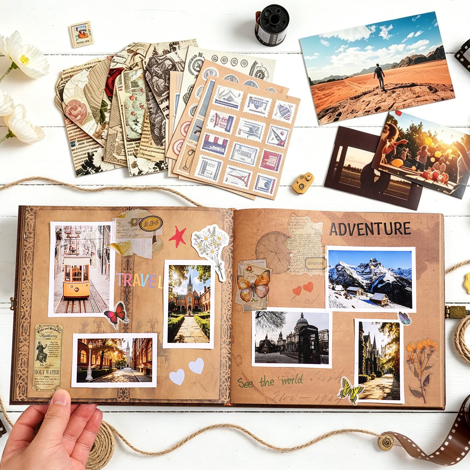 Our Adventure Book - Album fotografico per scrapbooking, 146 pagine, 22 x 19 cm, stile retrò, con copertina in rilievo per lettere, diario di viaggio, diario per coppie, album dei ricordi per
