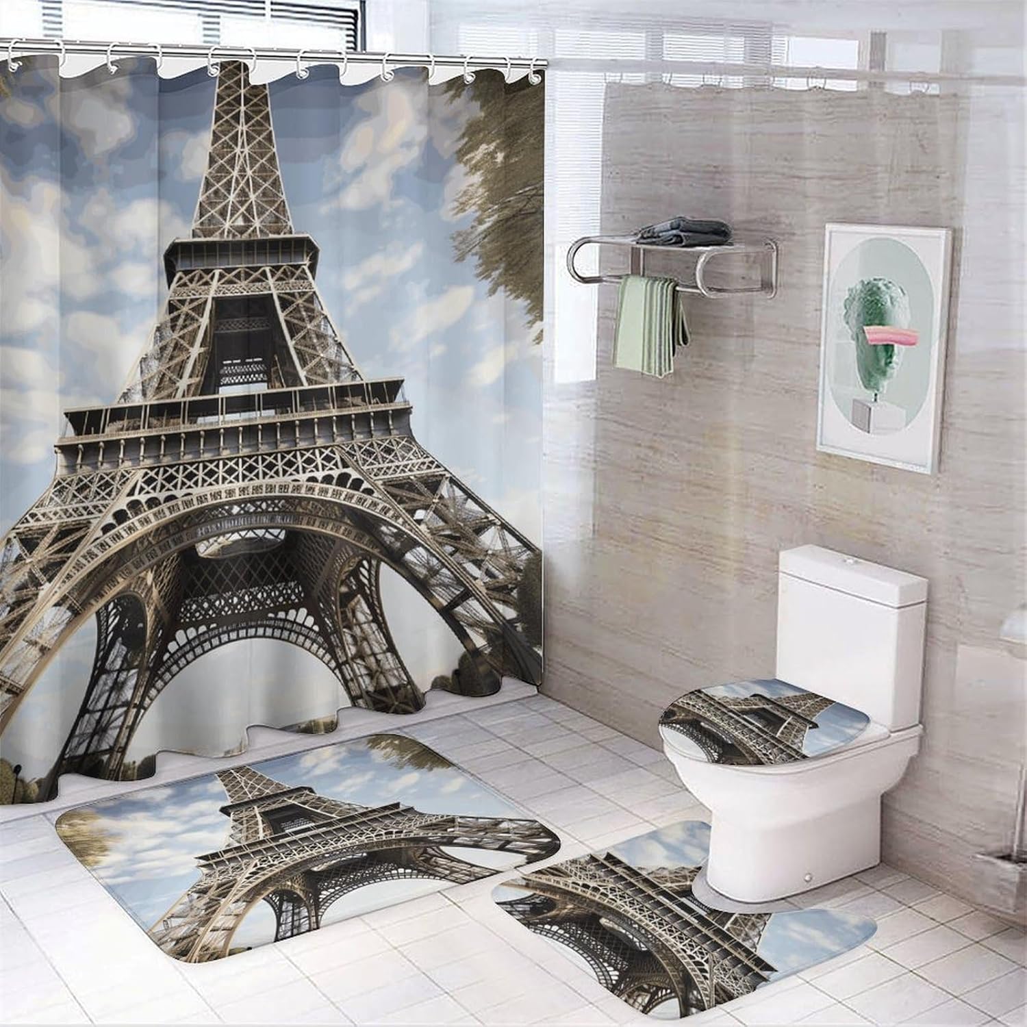 Eiffel Tower French Paris Monument 4Pcs Shower Curtain Set with Non-Slip Rugs, Toilet Lid Cover and Bath Mat,Bathroom Set Decor Accessories,Curtain Set with 12 Hooks, 72 X 72 Inch