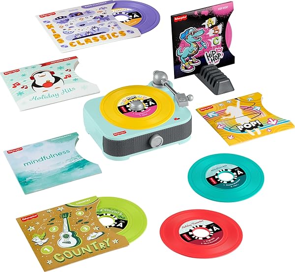 Fisher-Price Musical Toy Deluxe Rockin’ Record Player Pretend Turntable with 6 Albums for Preschool Play Plus Bonus Exclusive Holiday Album Kids Ages 3+ Years (Amazon Exclusive)