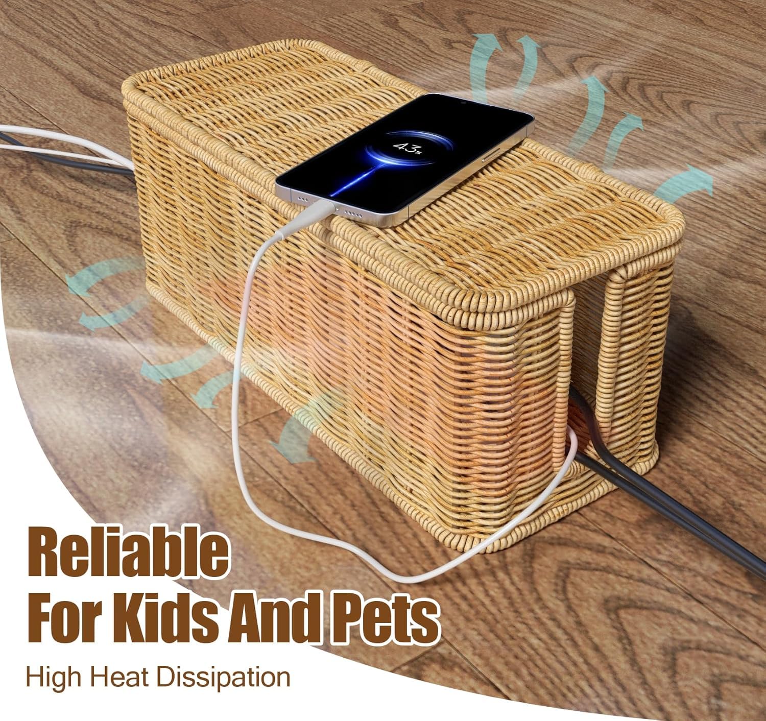 Rattan Kabelmanagement Box, Handgemachte Kabelbox mit Deckel, Kabelmanagementbox mit Seitlicher Öffnung Kabelsalat Verstecken Schreibtisch Steckdosenbox für Büro, Zuhause (Holzfarben)