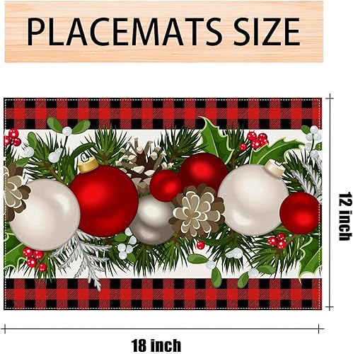 Miniatura 2 de Juego de 4 manteles individuales de lino rojo y negro a cuadros de búfalo para decoración de mesa de cocina