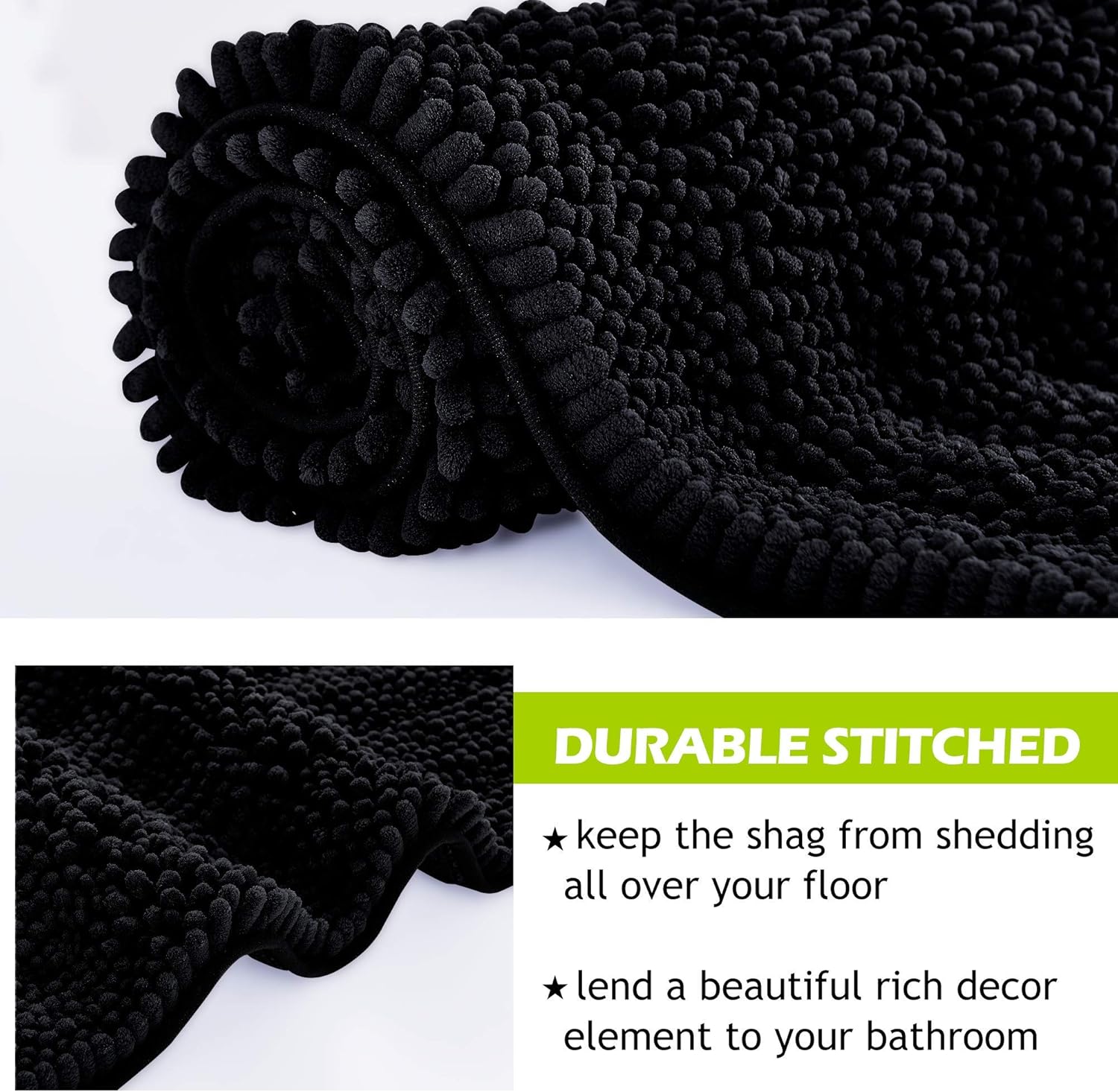 KGORGE Black Bath Mat - Large Soft Bathroom Rugs Non-Slip Thick Shaggy Floor Cover Water Absorbent Quick Drying Shower Carpet for Toilet Kitchen Door Way, 60" x 24", 1 Pc